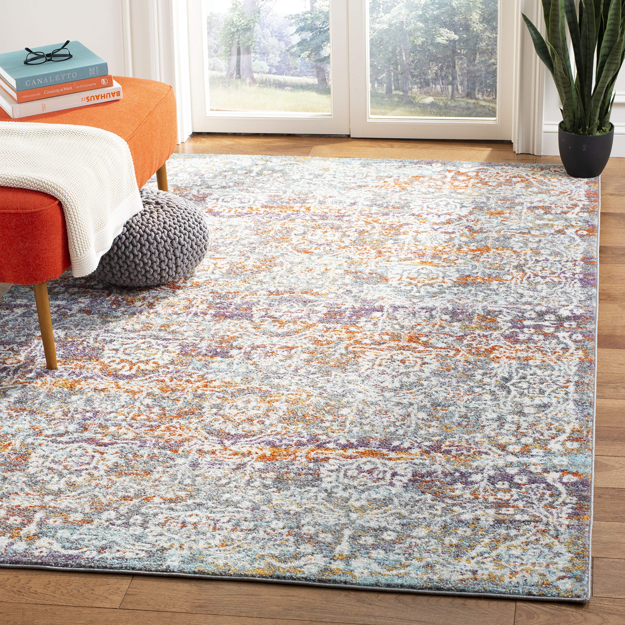SAFAVIEH Madison Collection Accent Rug - 3' x 5', Light Grey & Light Blue, Boho Chic Damask Design, Non-Shedding & Easy Care, Ideal for High Traffic