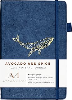 A4 Sketchbook Blank Notebook by Avocado and Spice® with Gift Box & Velvet Bag – Artist Sketch Pad - Travel Journal Notebook A4 - Vegan Friendly Drawing Pad with 200 Thick Pages (Blue, Plain)