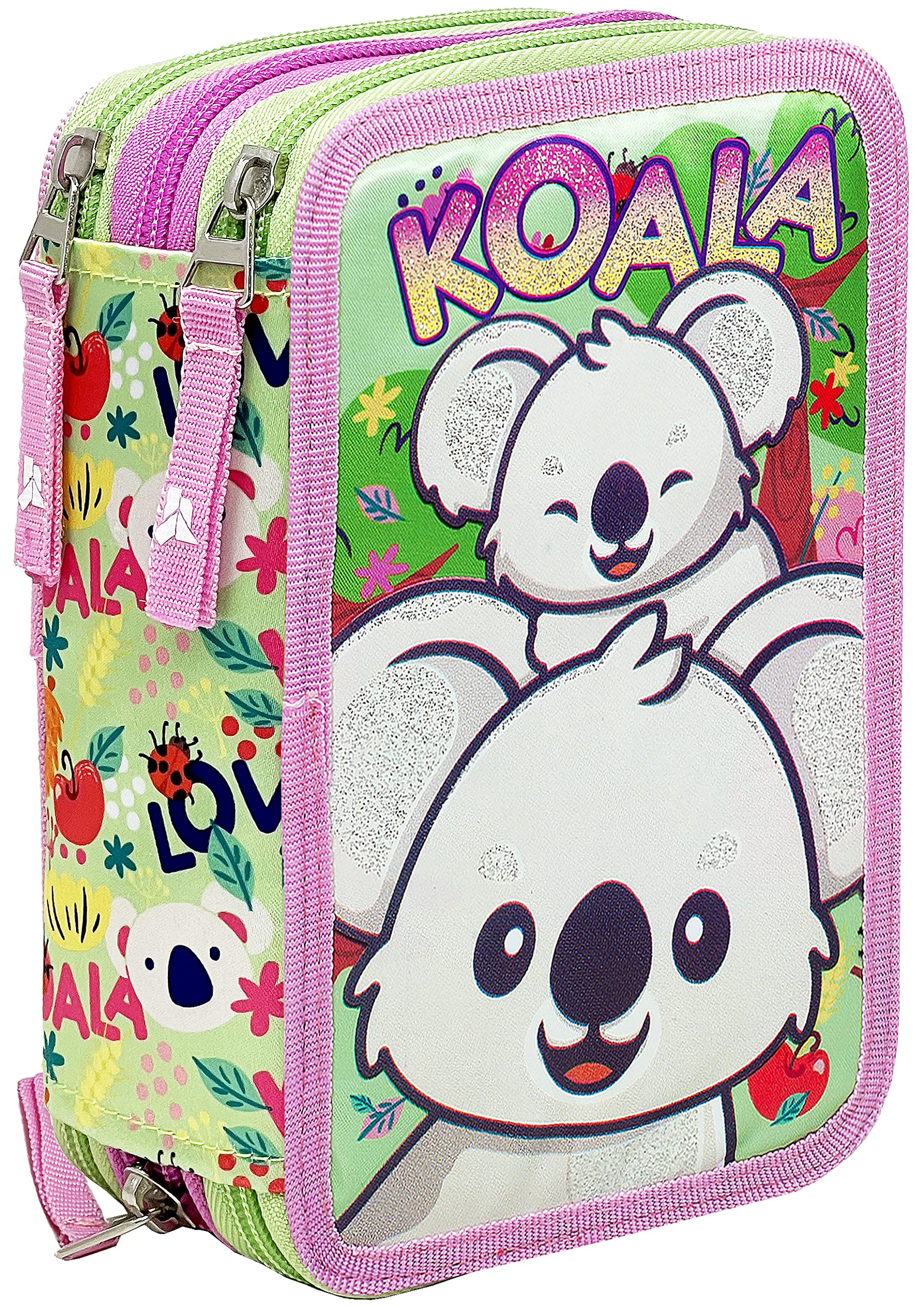 Julian Ross Koala Familia Estuche Triple Lleno para Niñas, Plumier Triple, 45 Accesorios Educación Primaria, 20 Centímetros, Pegamento de Barra, Mina+, 3 Cremalleras, Compartimentos Organizados