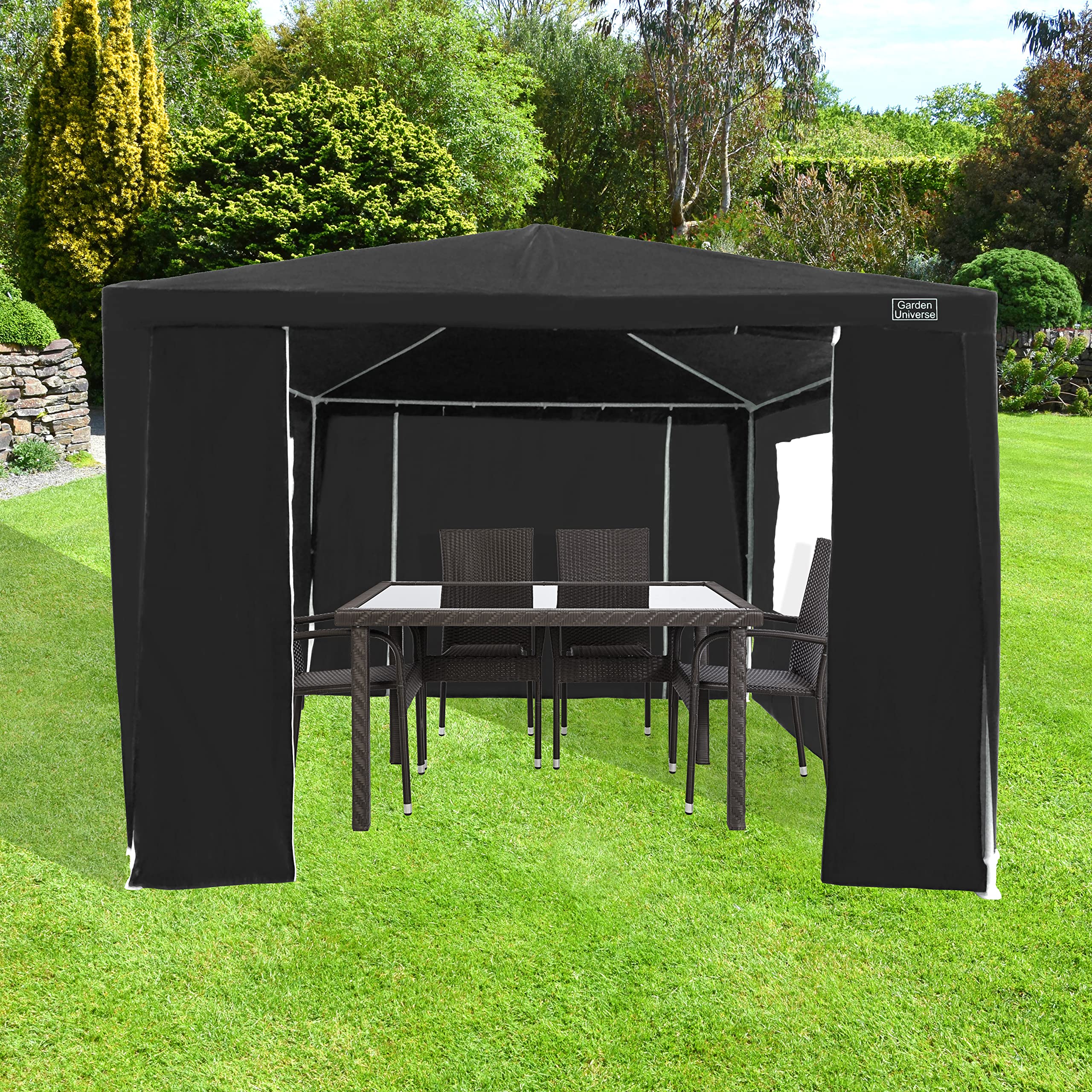 Gazebo by Garden Universe 3m x 3m in Black with 4 Side Walls Steel Frame Marquee Canopy Party Tent GAZ02-Black-Amz (We do not ship to CI or IOW.)