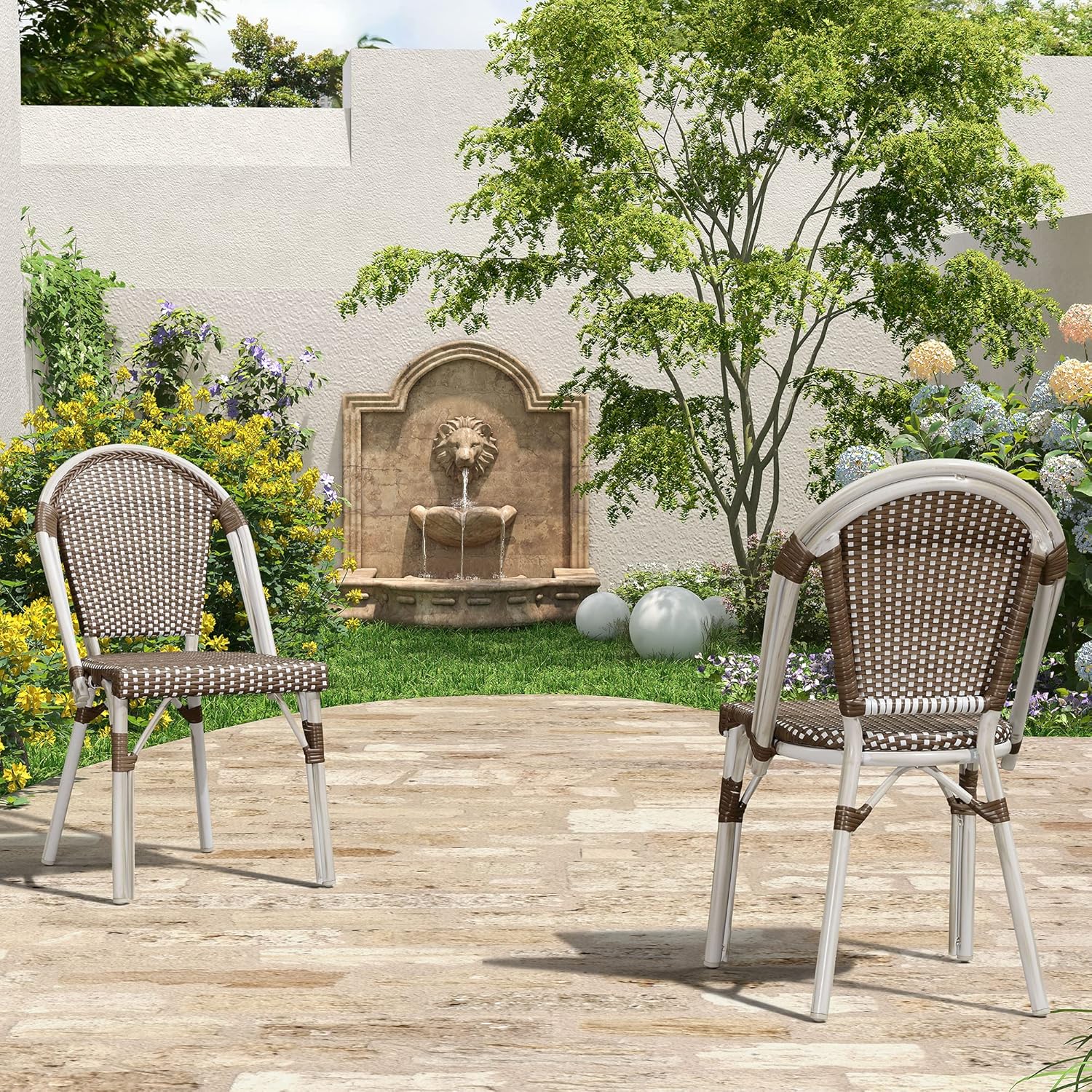 PURPLE LEAF Dining Chair Set of 2 Outdoor French Bistro Chairs Hand-Woven Aluminum Wicker Rattan for Garden Kitchen Backyard Porch White Print Finish Patio Chairs Brown