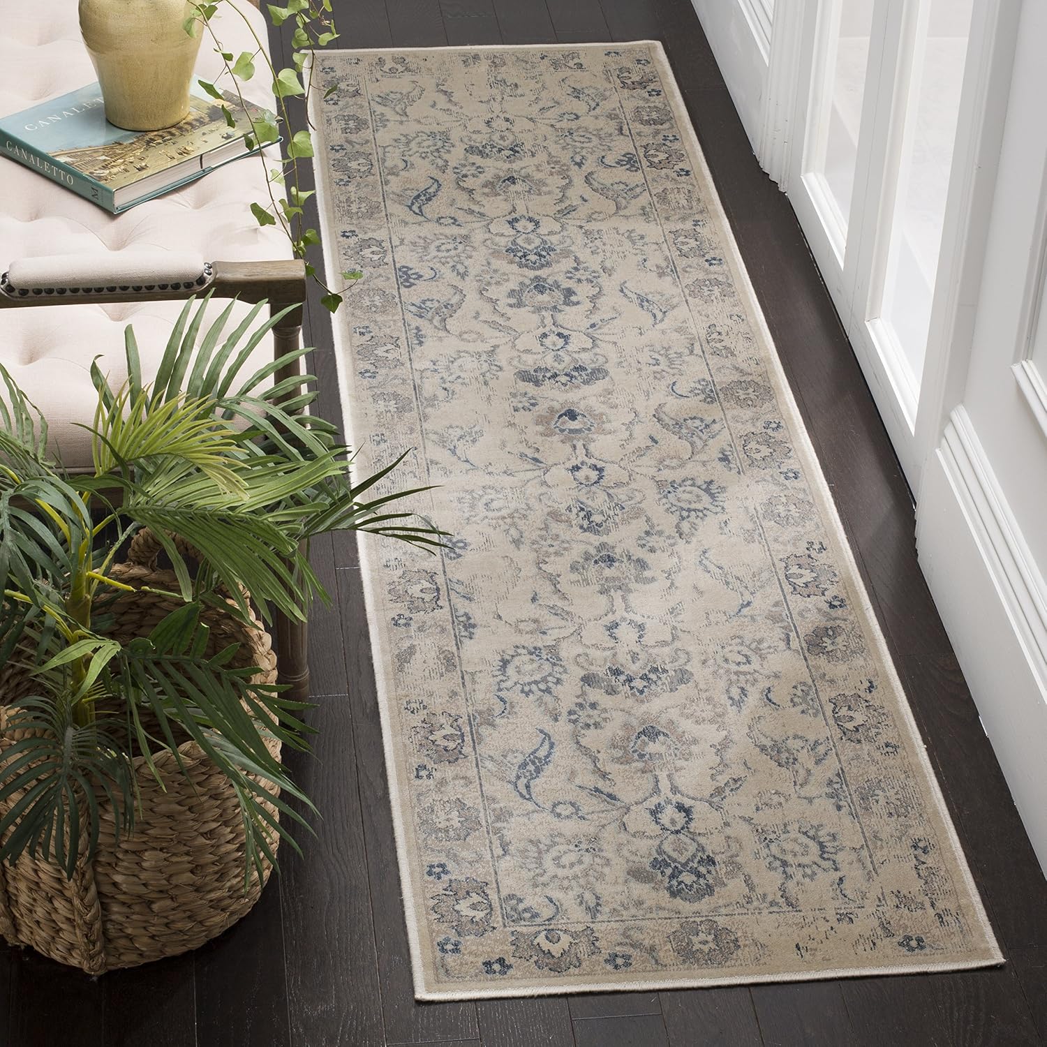 Safavieh Traditional Indoor Woven Runner Area Rug, Vintage Collection, VTG115, in Stone / Blue