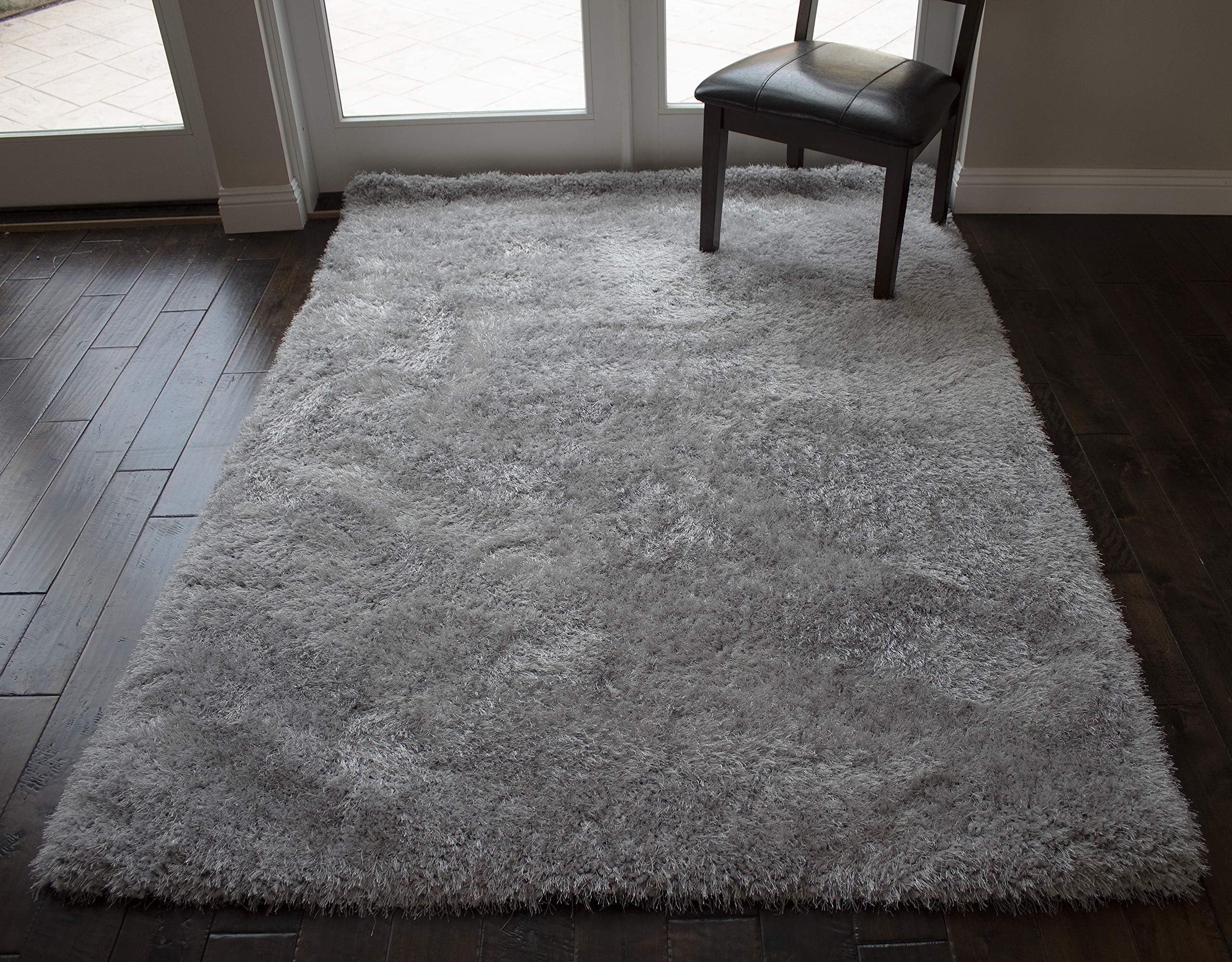 8x10 Feet Large Fluffy Fuzzy Furry Modern Contemporary Silver Light Gray Light Grey Color Solid Area Rug Carpet Rug Bedroom Living Room Indoor Shag Shaggy Canvas Backing Plush Pile