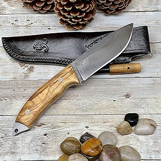 Hunting Knife Camping Knife with Personalized Wood Handle and Leather Sheath for Gift Olive Handle Bohler N690 Bushcraft Knife - Golden Horn Expert in Handcraft