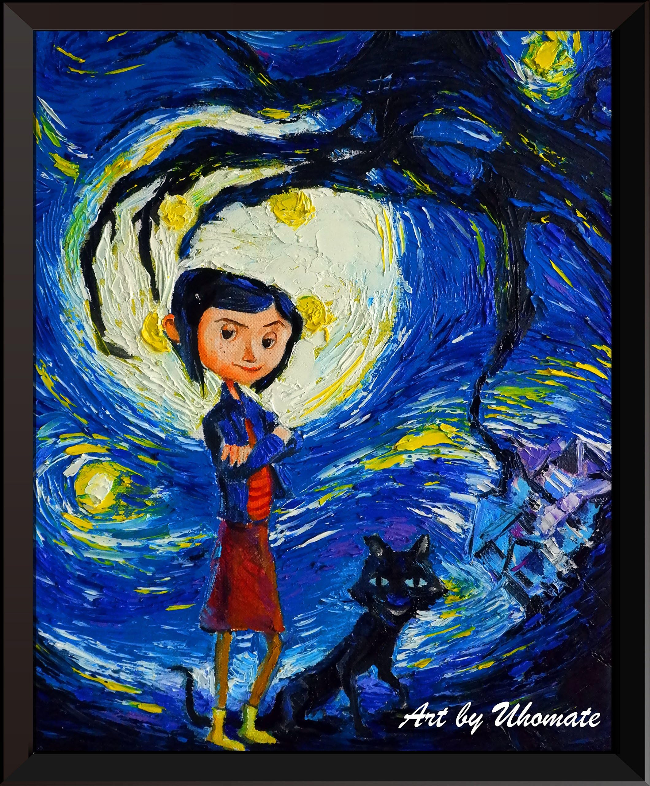 Uhomate Coraline and Cat Vincent Van Gogh Starry Night Posters Home Canvas Wall Art Print Poster Baby Gift Nursery Decor Living Room Wall Decor A130 (8X10)