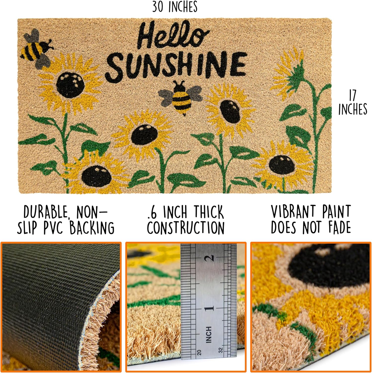 MAINEVENT Hello Sunshine Sunflower Welcome Mat 30x17 Inch, Vibrant Sunflower Door Mat, Sunflower Outdoor Mat, Spring Welcome Doormat for Outside Entry, Yellow Rug for Summer