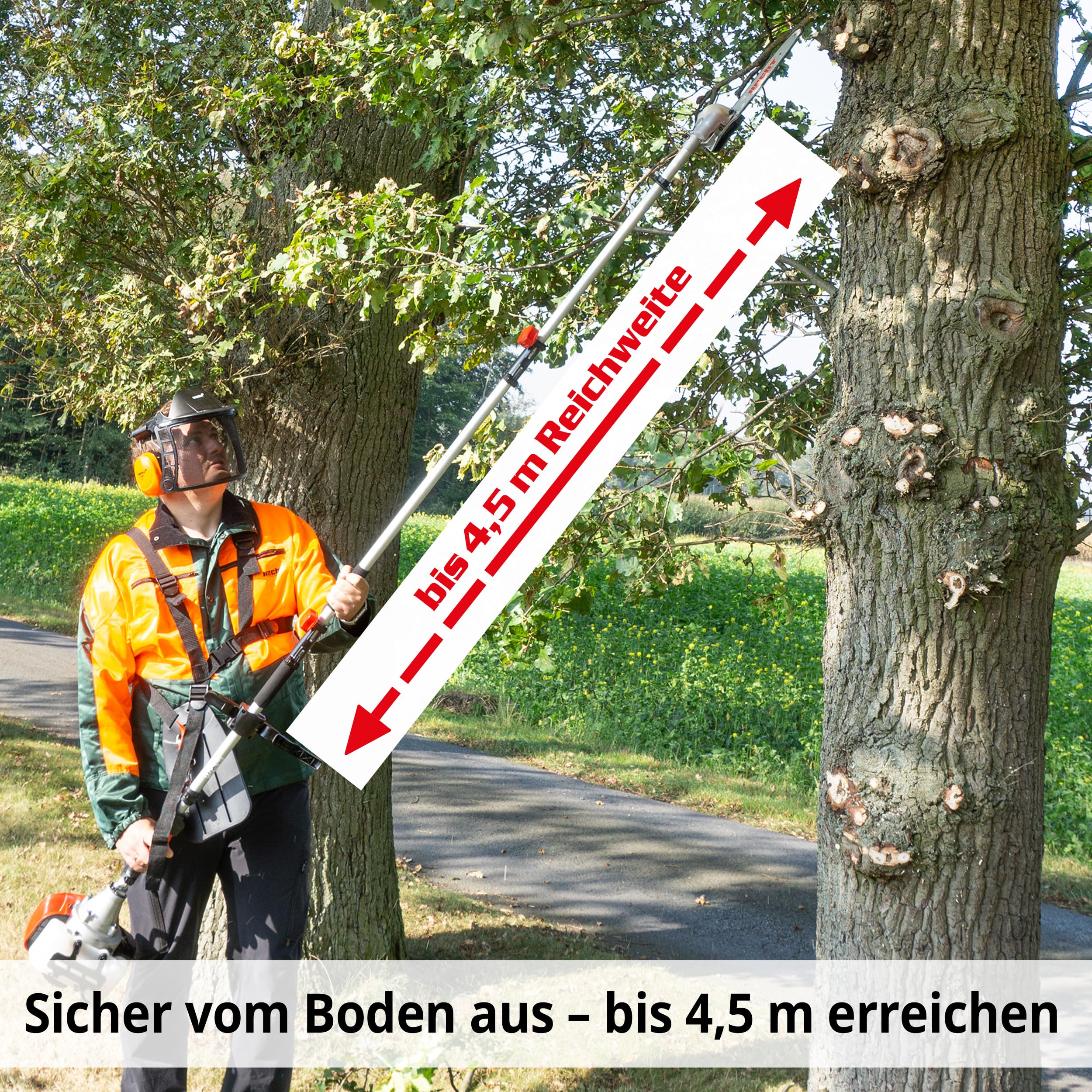 HECHT Hochwertiges 4 in 1 Benzin Multifunktionsgerät - Starke 2 PS - Freischneider, Rasentrimmer, Hochentaster und Heckenschere in Einem I Mit idealer Verlängerung