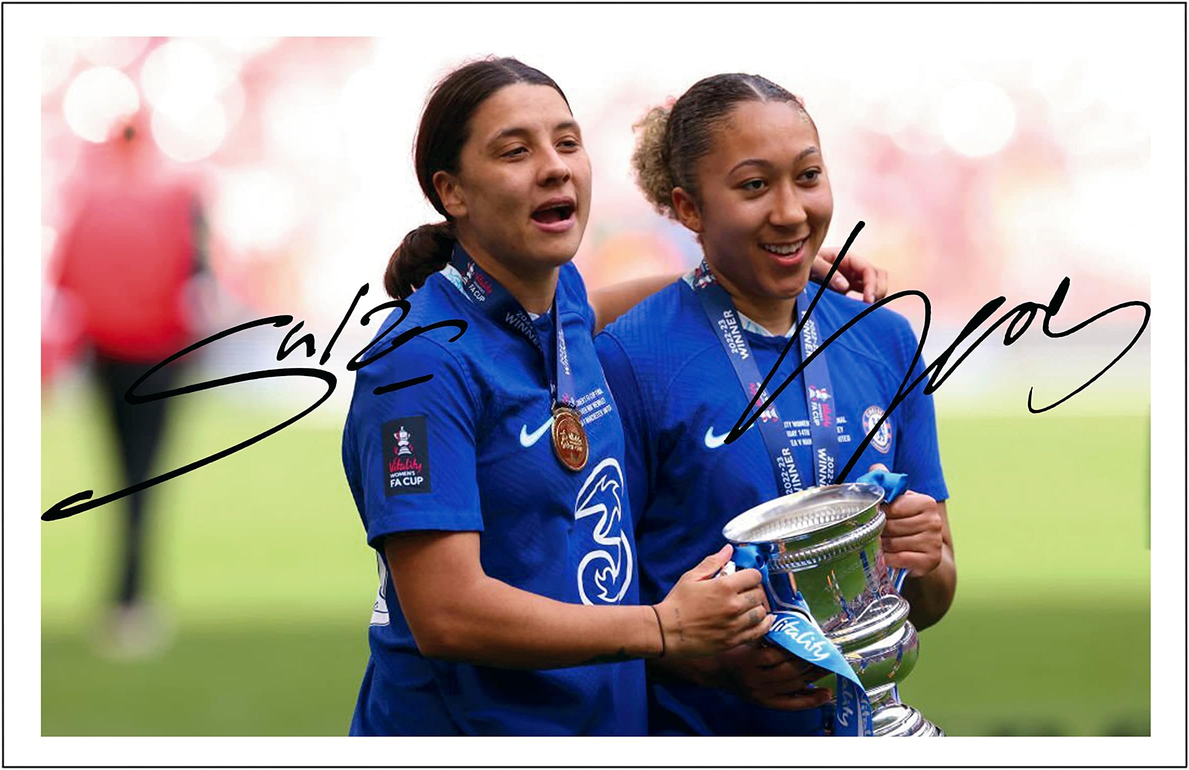 Sam Kerr & Lauren James - Chelsea Ladies 2023 FA Cup Signed 6X4 Inch Photo With Print Pre Printed Signature Football Autograph Gift
