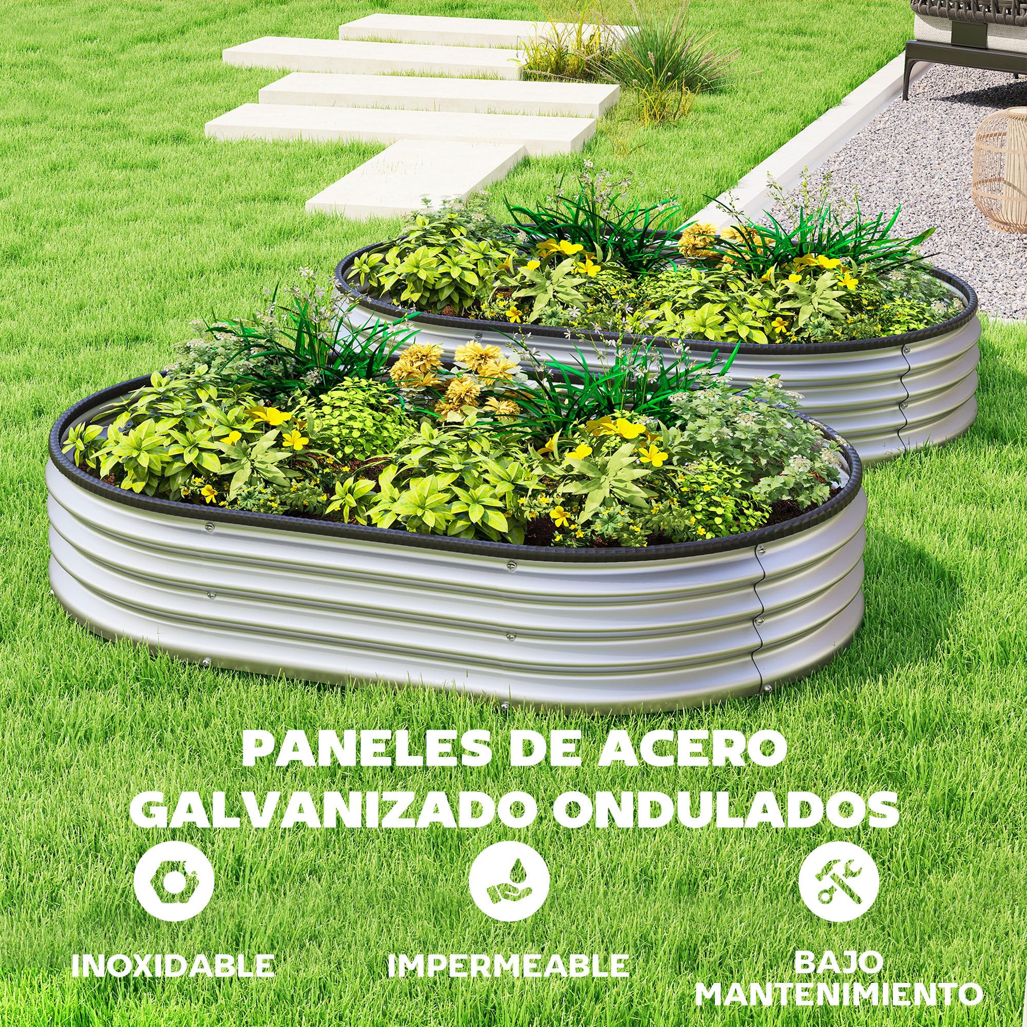 Outsunny Juego de 2 Jardineras Exterior Grandes de Acero Galvanizado | Huertos Urbanos, Maceteros Exterior Modular con Base Abierta para Plantas, Resistente Intemperie, 135x90x30 cm, Plateado