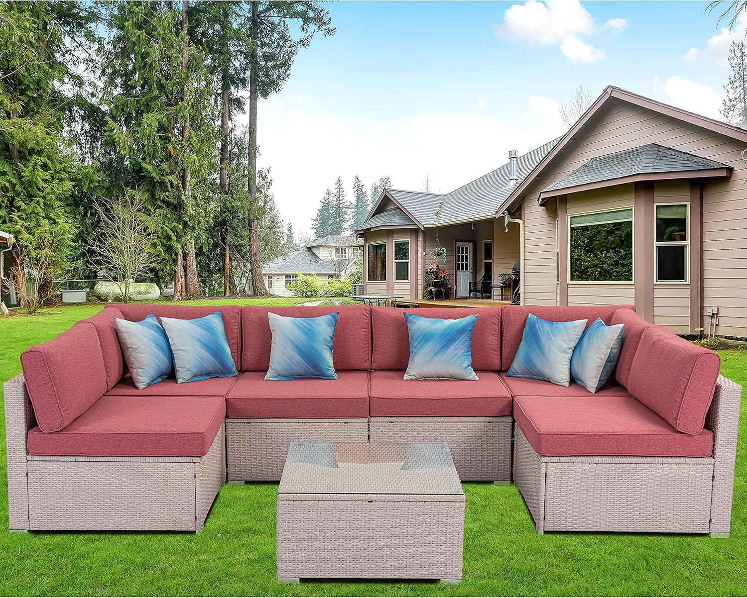 HOMPUS Outdoor 7 Pieces Patio Furniture Set, All-Weather Warm Gray Wicker Sectional Furniture w Warm Gray Seat Cushions w 6 Bohemian Flower Pillows and Elegant Glass Coffee Table : Patio, Lawn & Garden