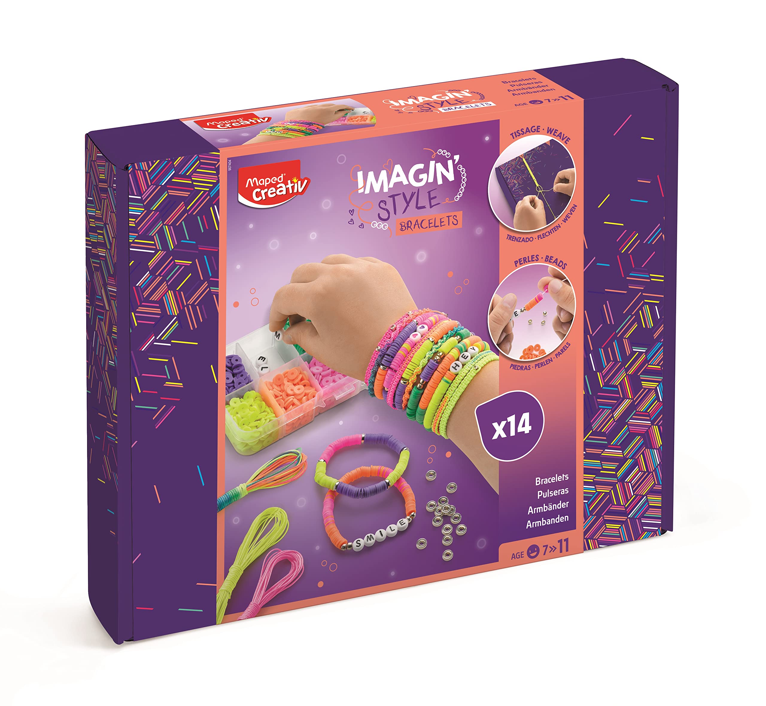 Maped Creativ Imagin'Style Neon Bracelets – Guided Weaving for Jewellery Making – Activity to Make 14 Weaving Bracelets with Heishi Beads – for Children Aged 7 and Above