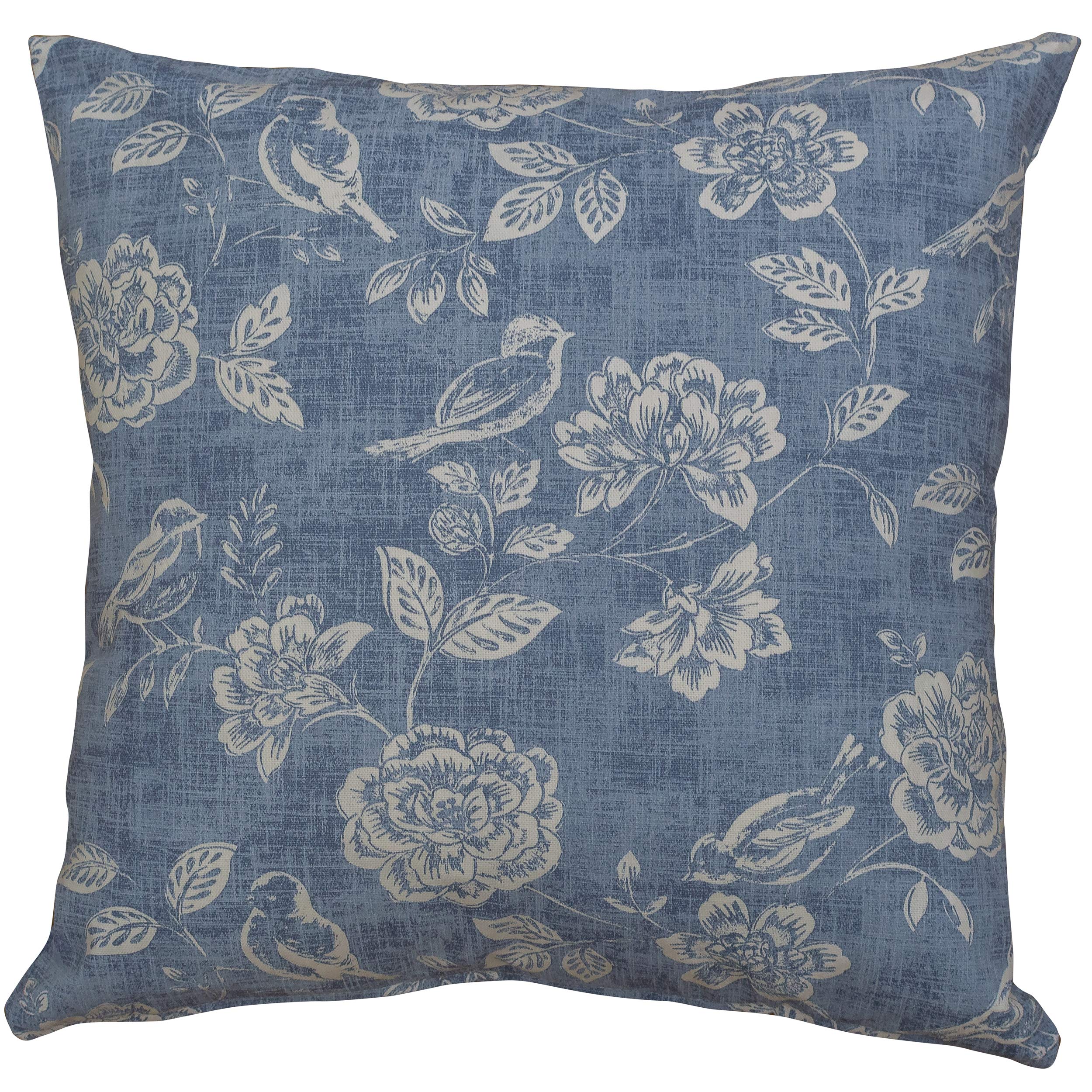 Linen Loft Country Floral Bird Cushion Cover in Denim Blue. Delicate Lace Style Print. 17x17 (43cm) Square Pillow Case. 100% Cotton.
