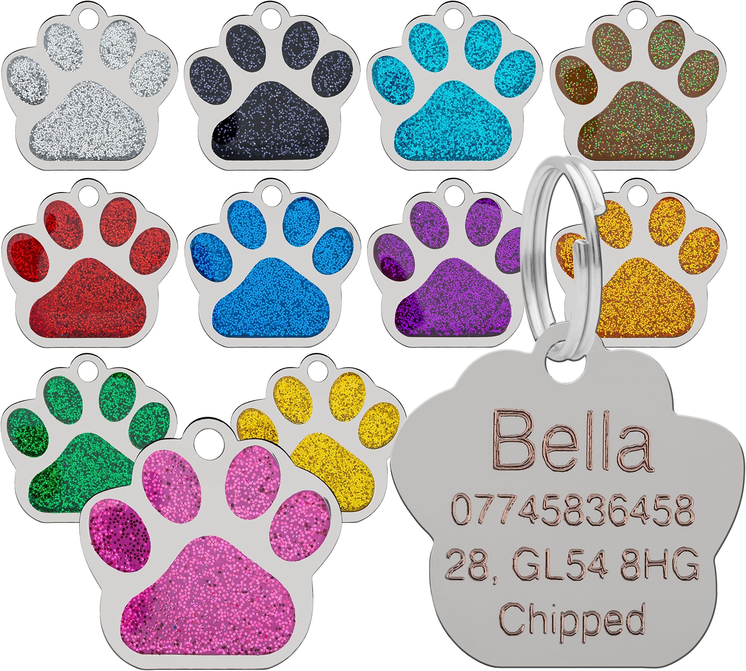 Dog Cat Pet Tag ID Collar Tags Personalised Engraved 27mm Glitter Paw