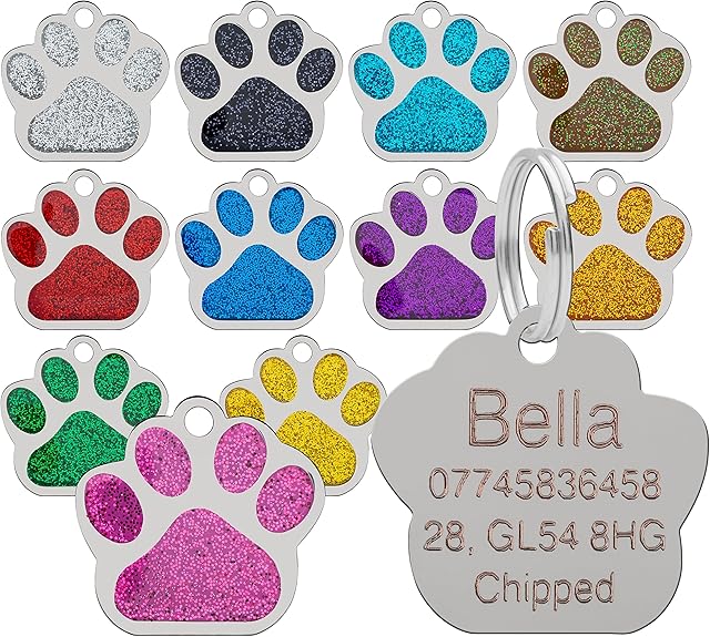 LARRYROO Dog Cat Pet Tag ID Collar Tags Personalised Engraved 27mm Glitter Paw Print (Blue)