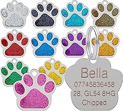 Dog Cat Pet Tag ID Collar Tags Personalised Engraved 27mm Glitter Paw Print (Pink)