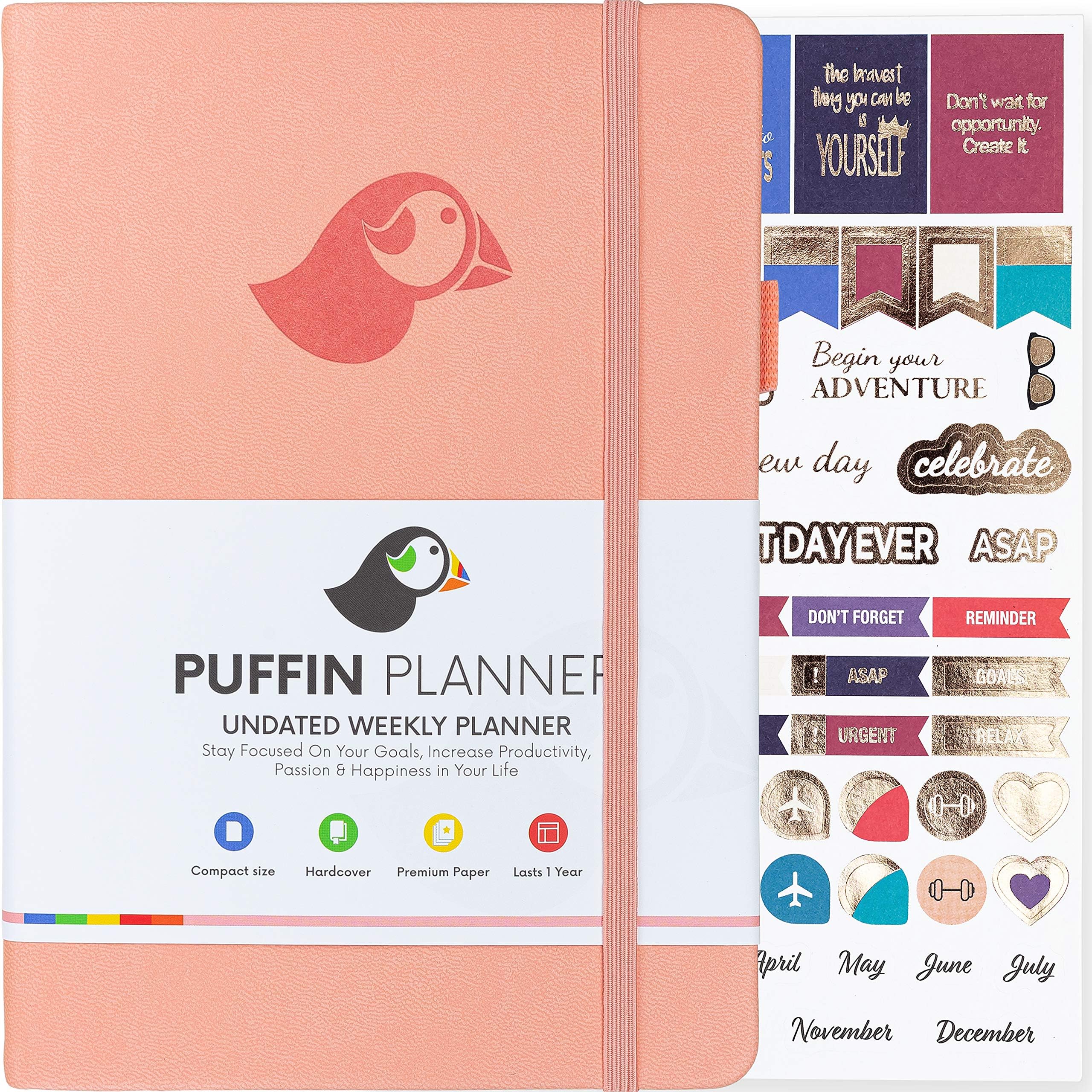 Puffin Planner - Simple & Small Undated Planner Journal with Monthly and Weekly Spreads - Lasts 1 Year - Achieve Your Dreams & Goals in 2020 - with Bonus Stickers and User Manual (Peach Pink)