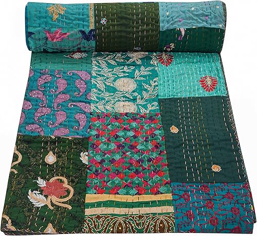 Marubhumi Colchas hechas a mano vintage Khambadiya hecho a mano Jari Patchwork bordado, reversible, estampado de selva vintage Kantha, edredón,