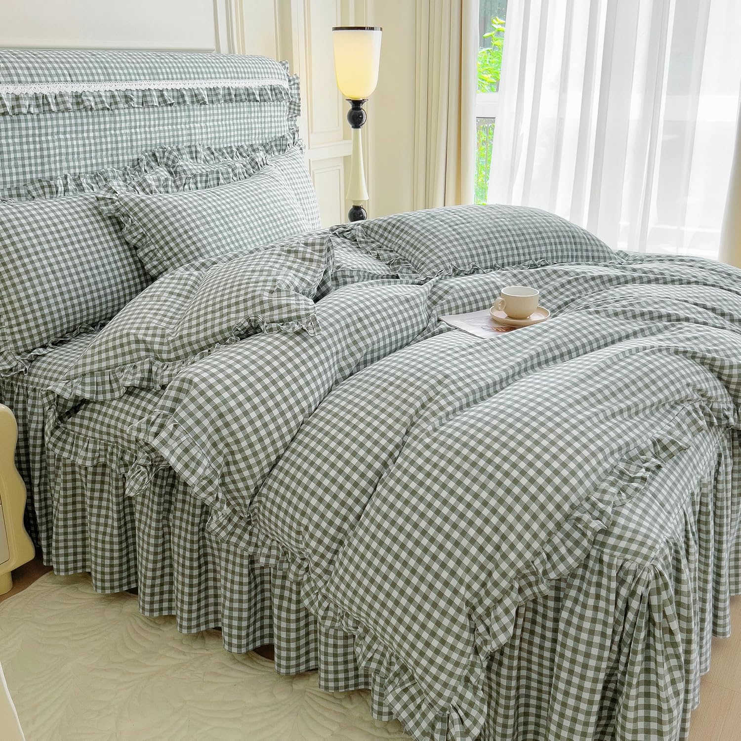 Condition photo showing As Is for mkxi sage green & white gingham ruffle comforter set king, 3-piece lightweight breathable washed cotton farmhouse bedding with delicate ruffle for teen girl boho bedroom king 010 ruffles- sage green