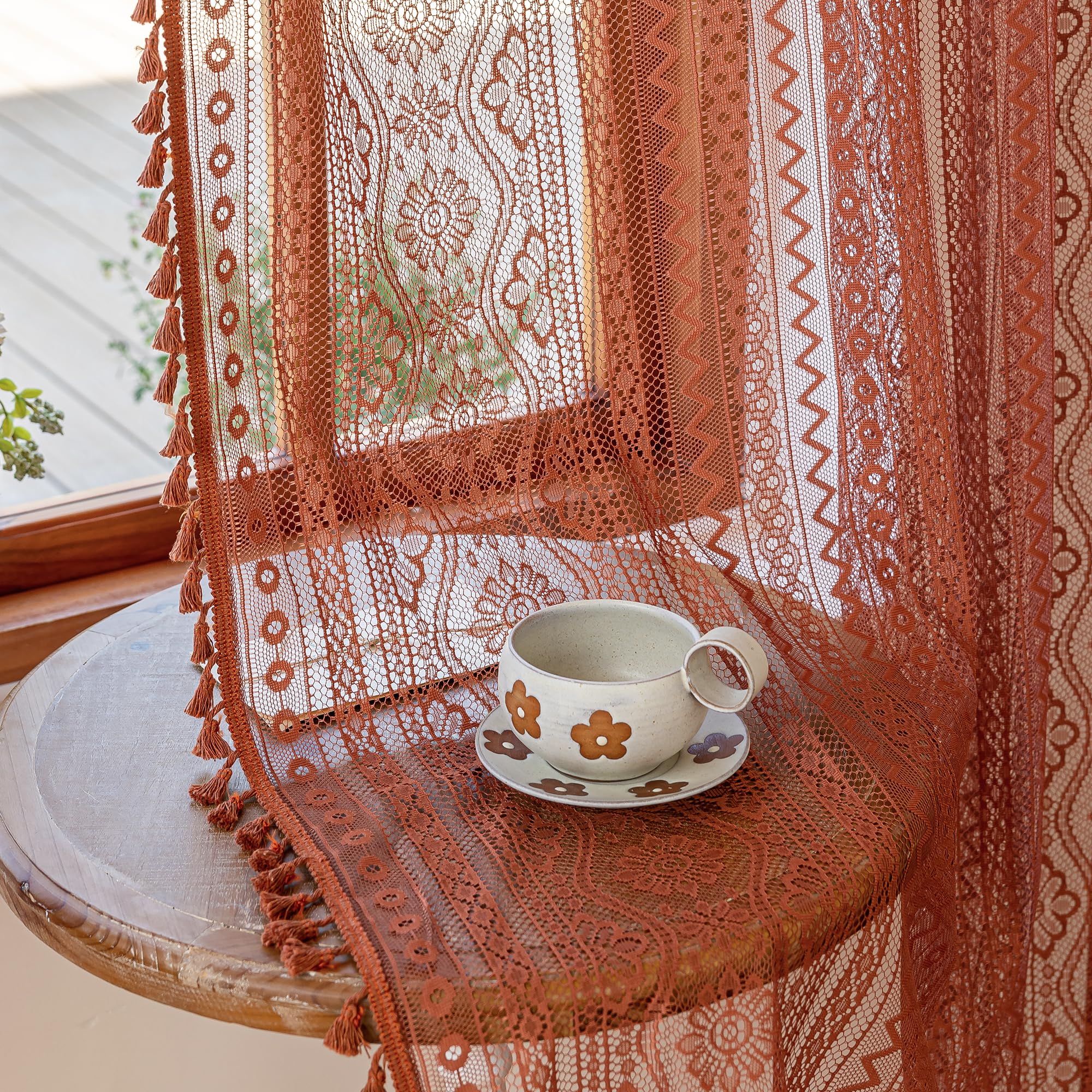 MYSKY HOME Terracotta Boho Lace Sheer Curtains 90 inch Length 2 Panels Burnt Orange Floral Vintage Bohemian Crochet Geometry Curtains with Tassels for Living Room Bedroom Rod Pocket Home Decor, 55" W