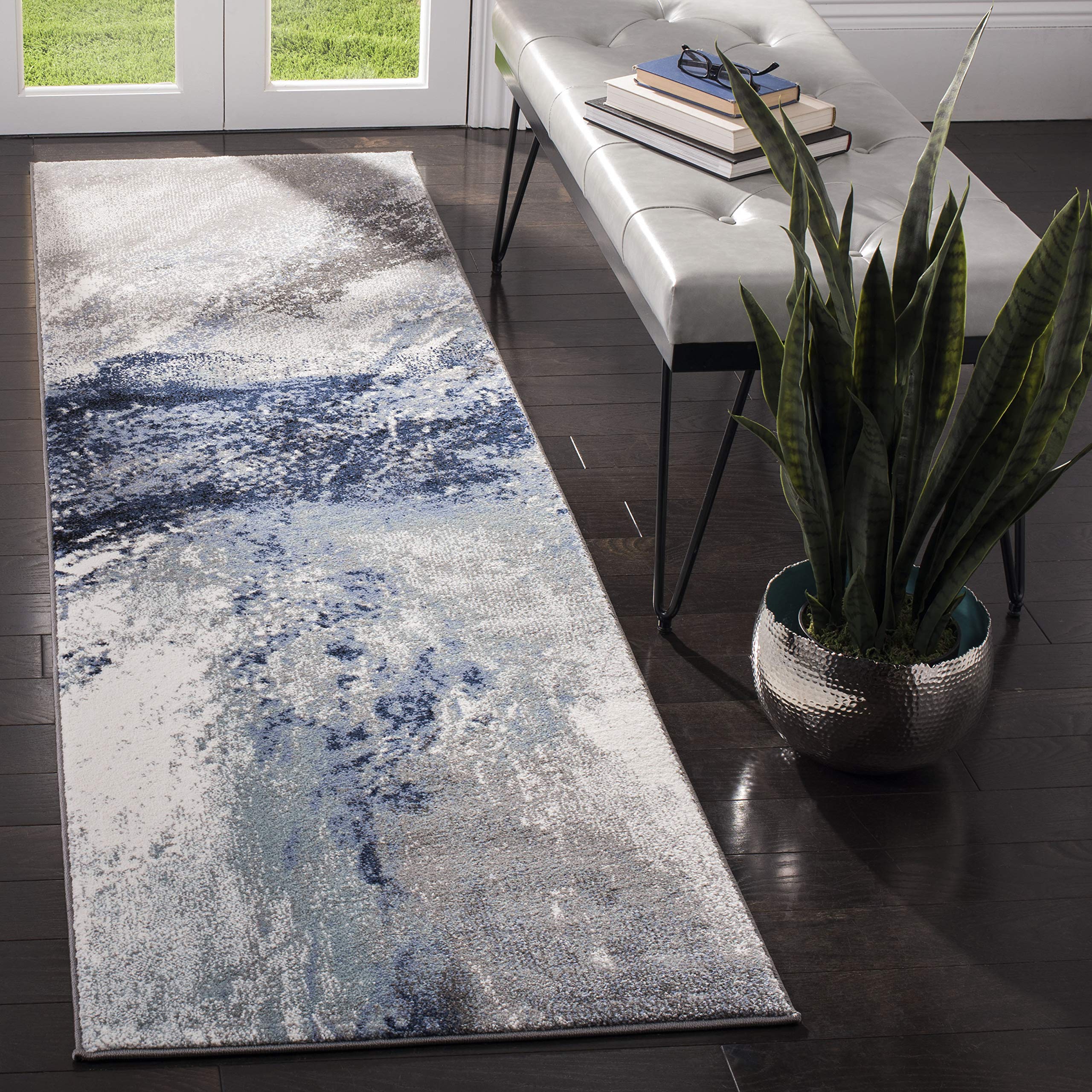 SAFAVIEH Galaxy Collection Runner Rug - 2'3" x 10', Blue & Grey, Modern Abstract Design, Non-Shedding & Easy Care, Ideal for High Traffic Areas in
