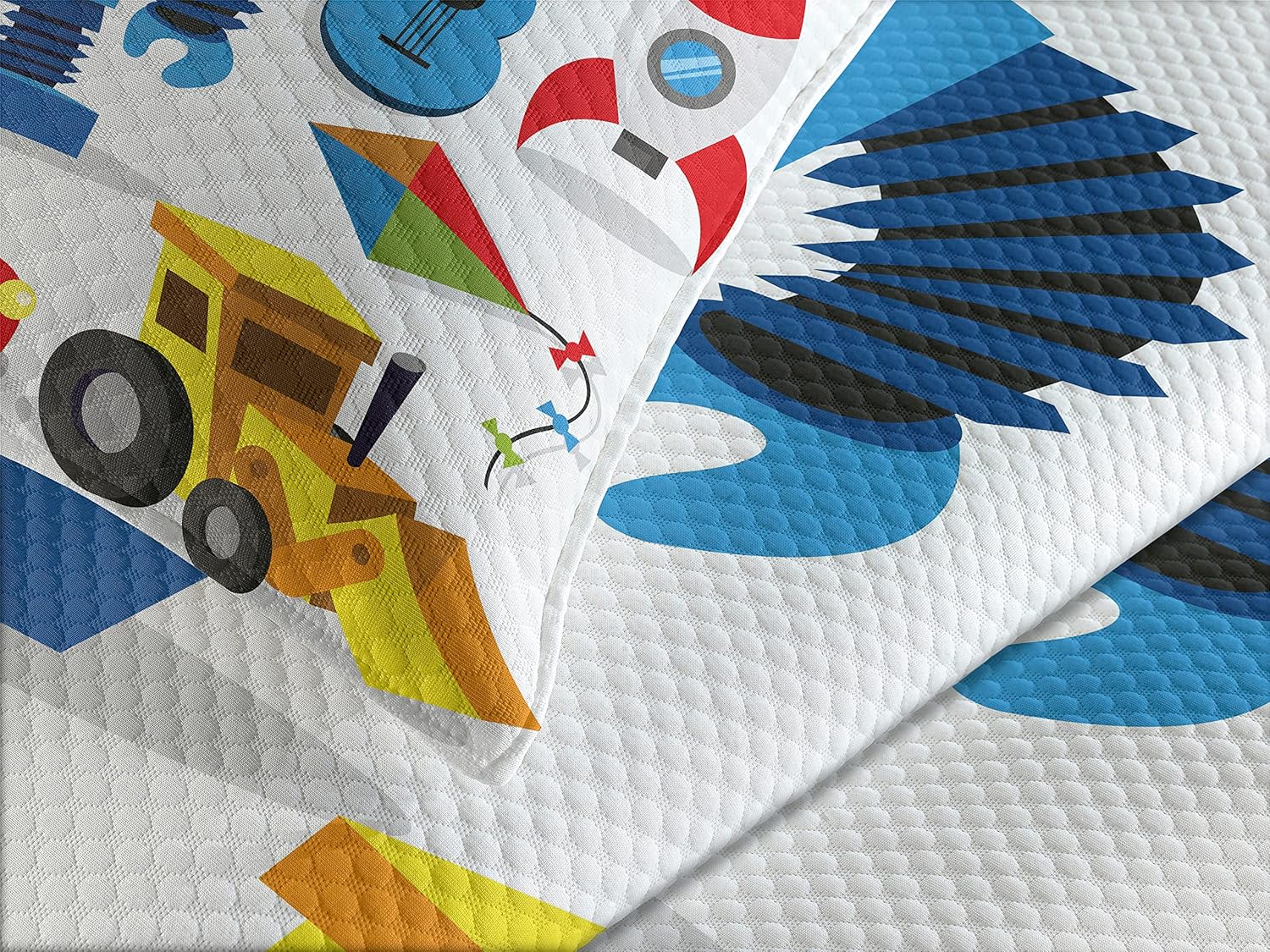 Lunarable Cartoon Bedspread, Colorful Toys Art Style Robot and Dinosaur Ship Controller UFO, Decorative Quilted 3 Piece Coverlet Set with 2 Pillow Shams, Twin Size, Multicolor