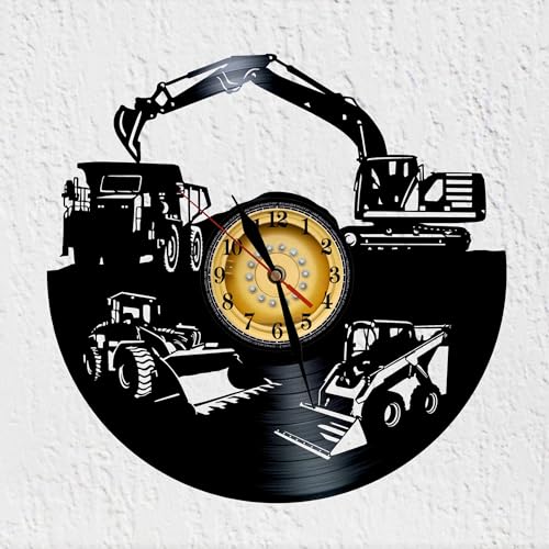 VINY WOODY Dumper Escavatore Caricatori Orologio da Disco in Vinile Manutenzione dei Terreni Decorazione da Parete