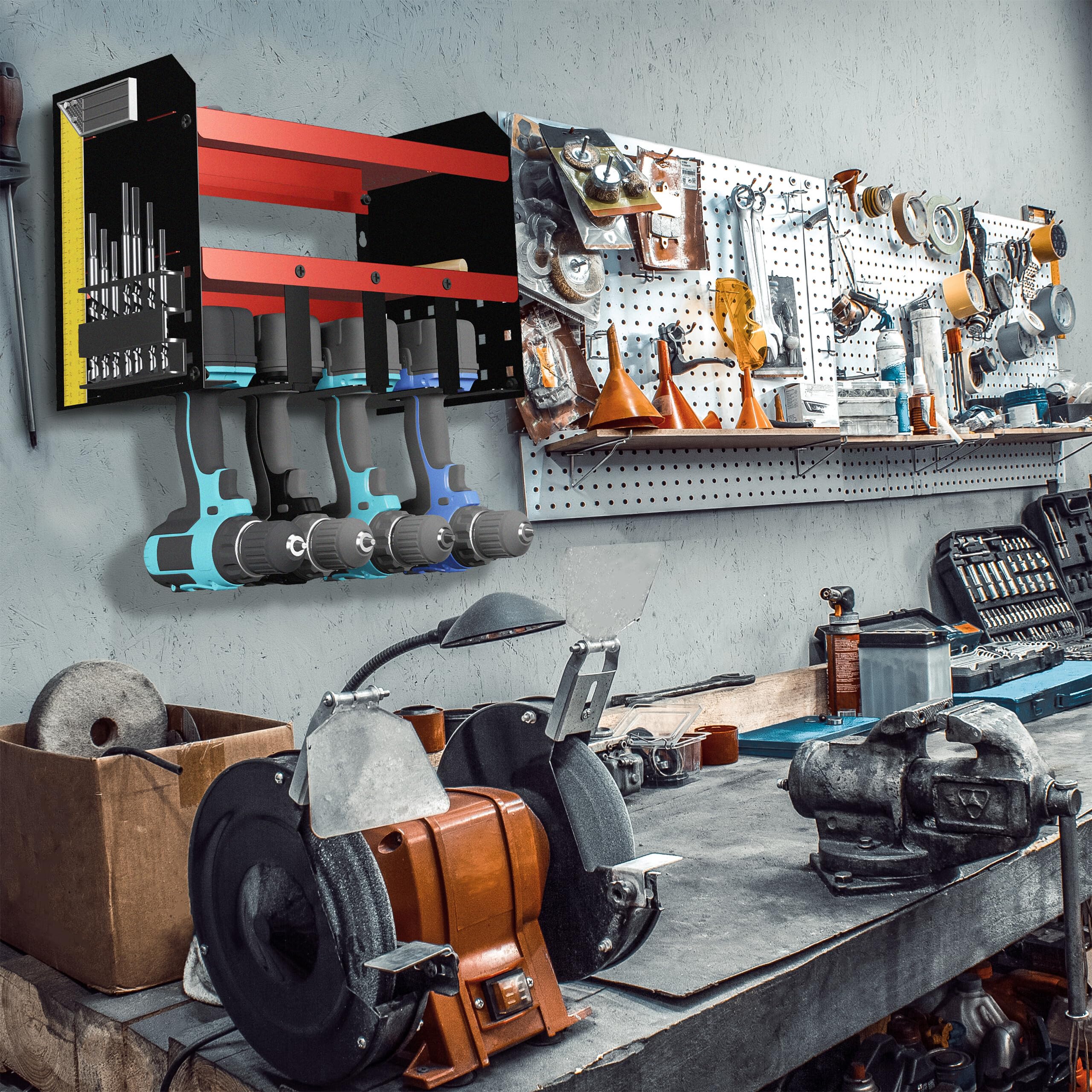 Relaxdays Organizer per Attrezzi Elettrici, Portautensili da Lavoro, per 4 Trapani, per Garage e Officina, Rosso Nero