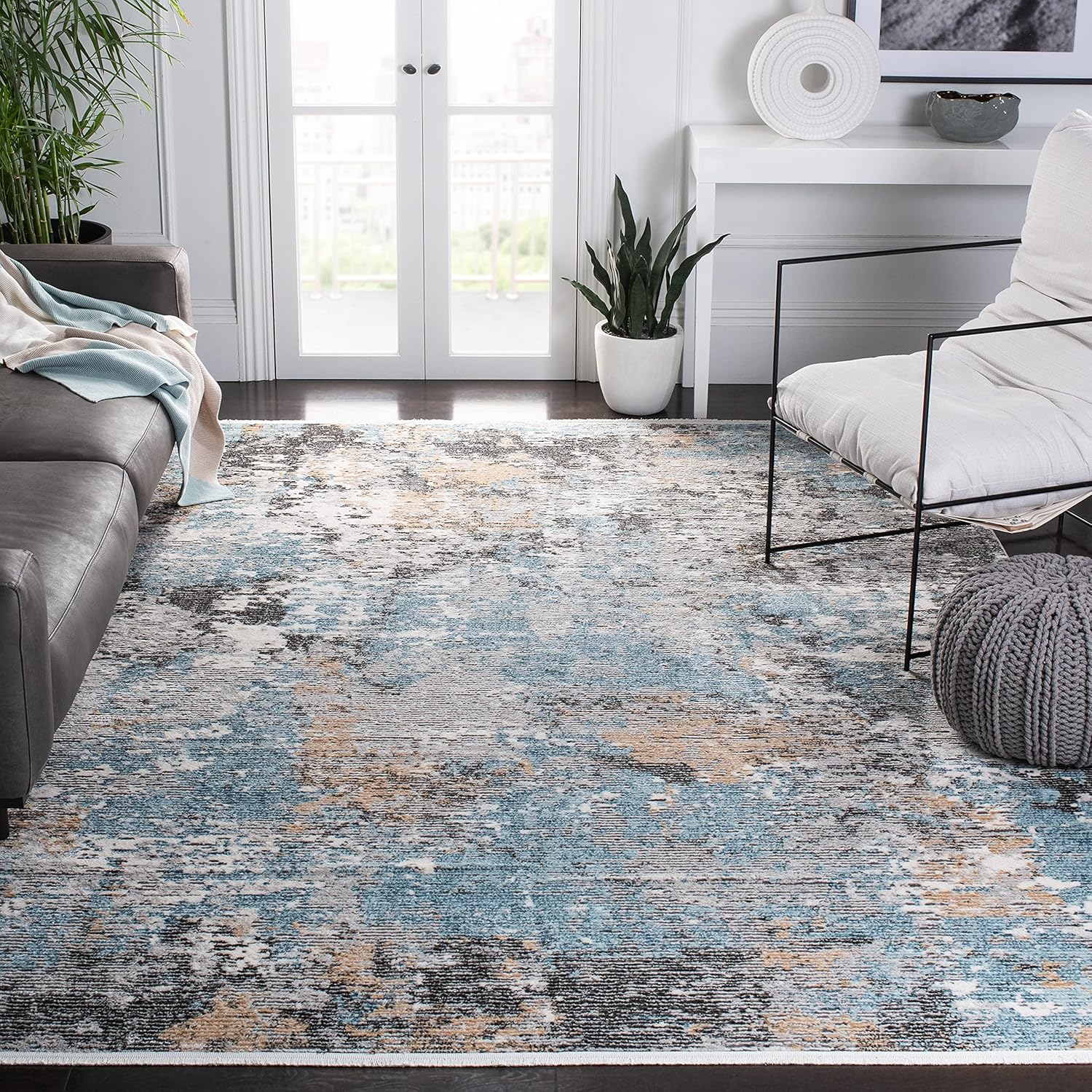 SAFAVIEH Shivan Collection 2'2" x 8' Grey/Blue SHV772F Modern Abstract Non-Shedding Living Room Entryway Foyer Hallway Bedroom Runner Rug