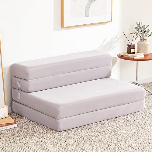 Lazyzizi Colchón plegable de 4 pulgadas, sofá cama plegable para adultos, campamento, invitados, con reposacabezas, funda transpirable y lavable