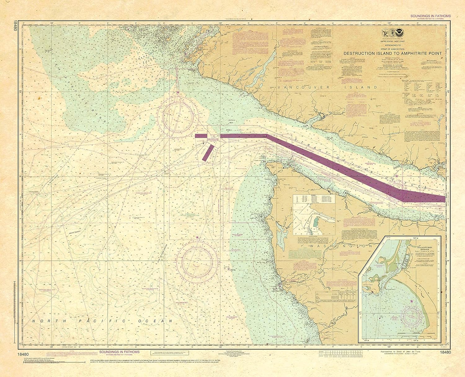 Paradise Cay Publications Antiqued NOAA Chart 18480: Approaches to Strait of Juan de Fuca Destruction lsland to Amphitrite Point