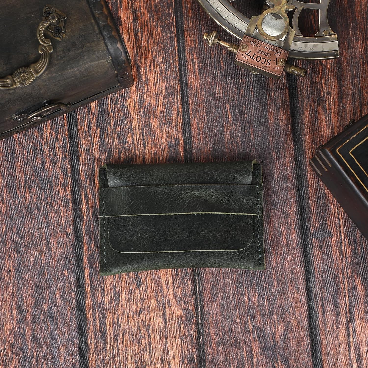 Distressed Leather Business Card Holder Slim Credit Card Wallet for Men and Women Vintage Brown Leather Compact Minimalist Card Organizer for Pocket or Purse Durable Card Case (Green) - Image 2