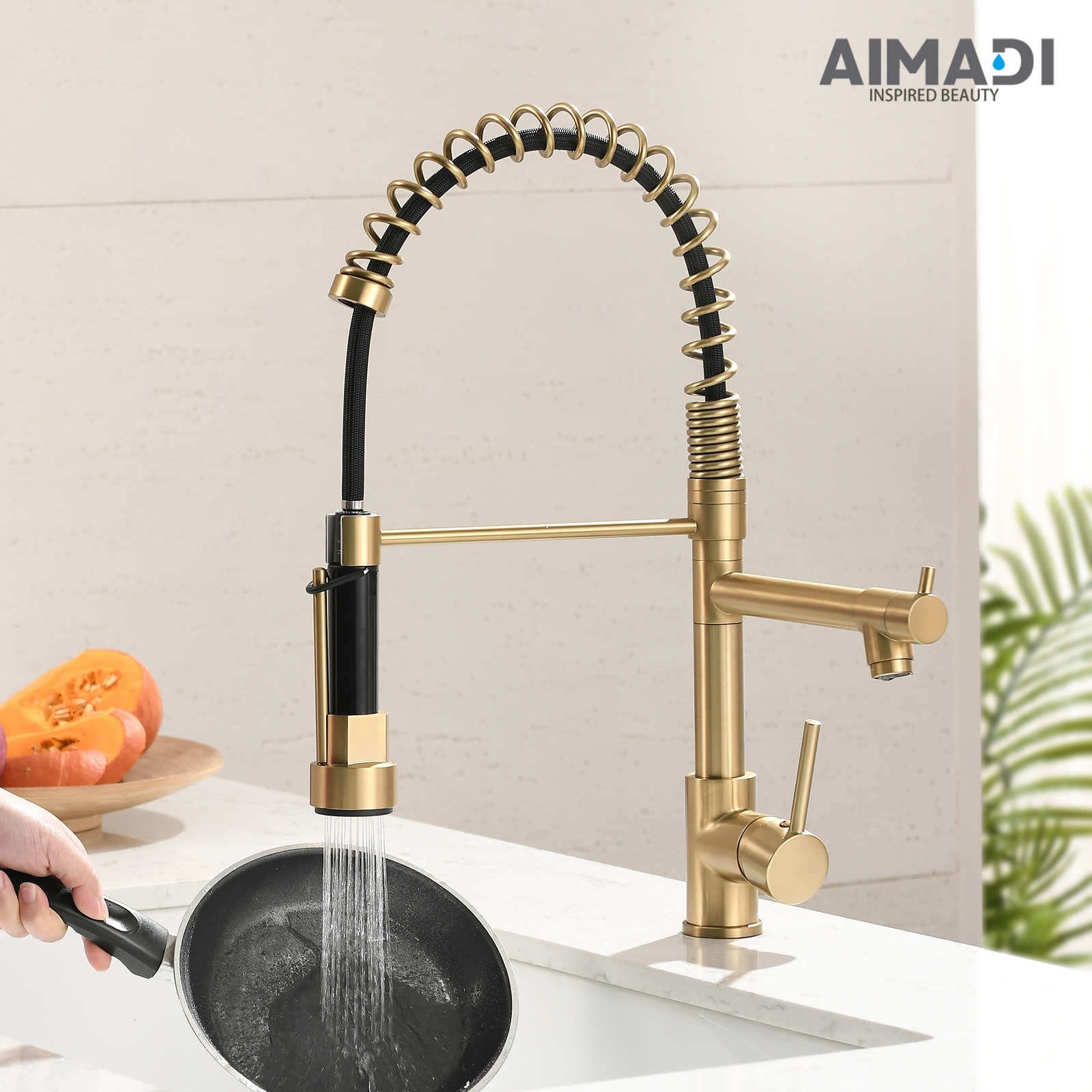 Brushed Gold Kitchen Faucet with Pull Down Sprayer, AIMADI