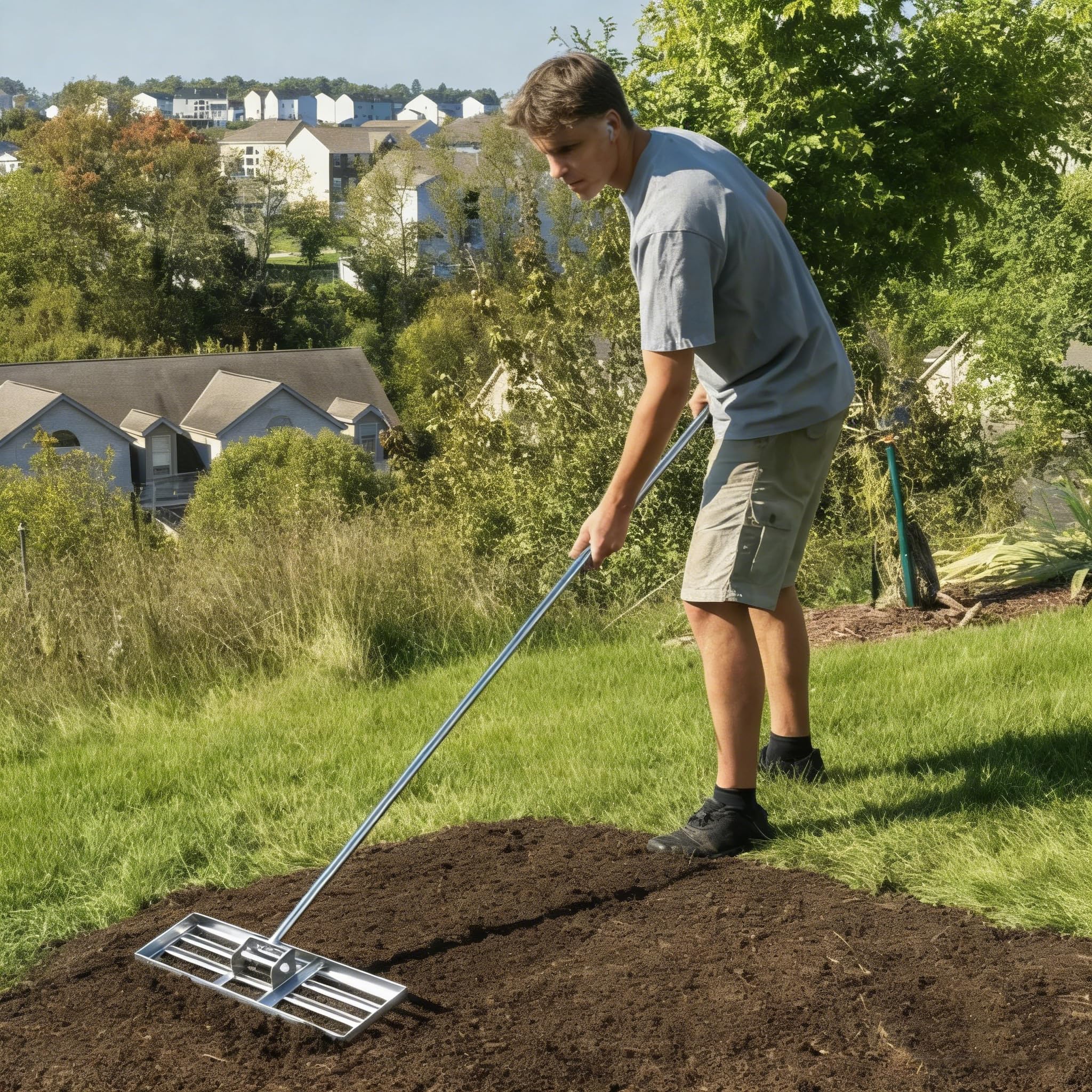 HOMASIS Rastrello Livellatore per Prato in Metallo con Manico Ergonomico e Impugnatura in Gomma, Rastrello per Foglie, Attrezzo per Prato per Campo da Golf e Cortile (Verde, 91 x 25 x 170 cm)