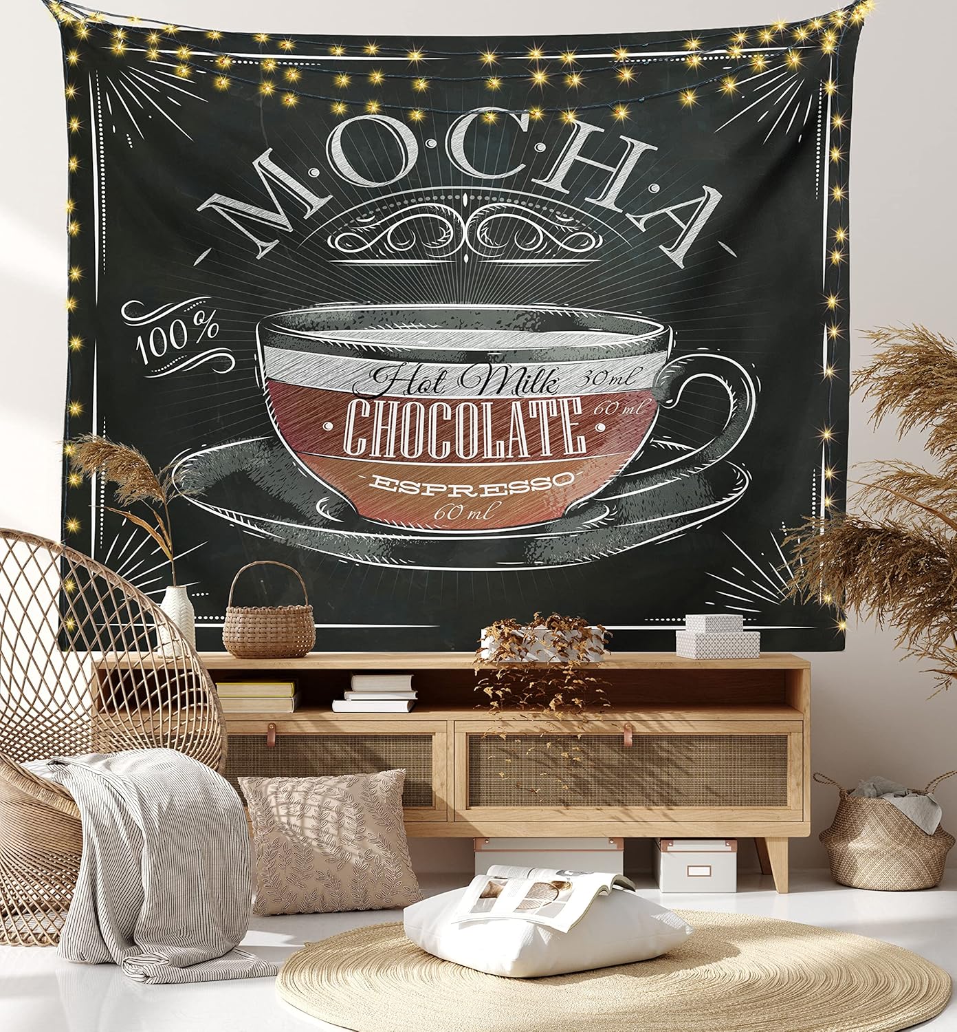 Lunarable Coffee Tapestry King Size, Mocha Cup Hot Chocolate Espresso Old Fashioned Italian Chalkboard Design, Wall Hanging Bedspread Bed Cover Wall Decor, King Size, Grey Black