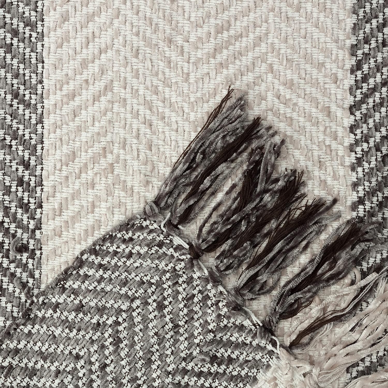 Taupe and Cream Knitted Chenille Throw Blanket with Fringe