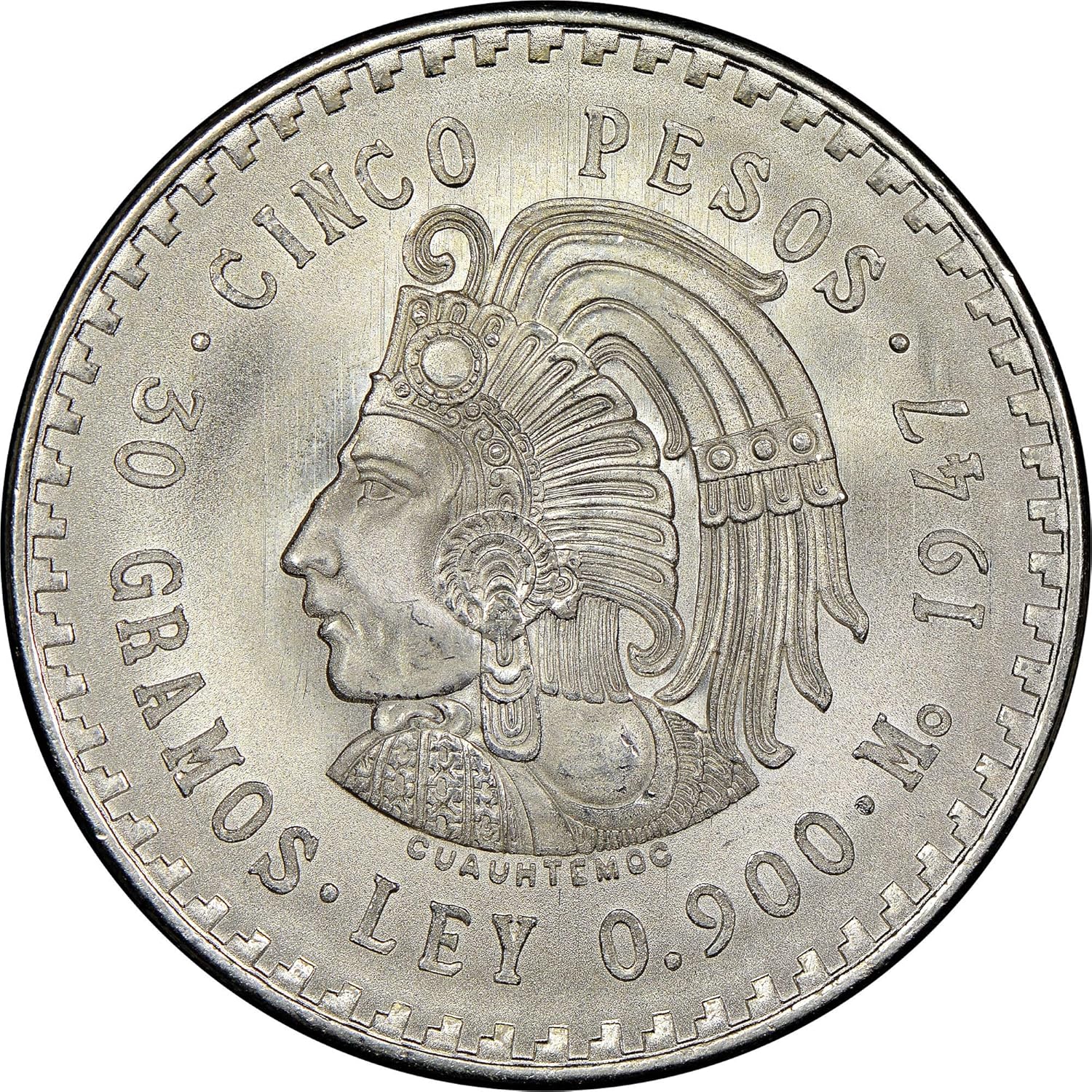 1947-1948 5 Pesos Large Mexican Silver Coin. With Cuauhtémoc Last Ruler Of The Aztecs. 5 Pesos By Seller Circulated Condition