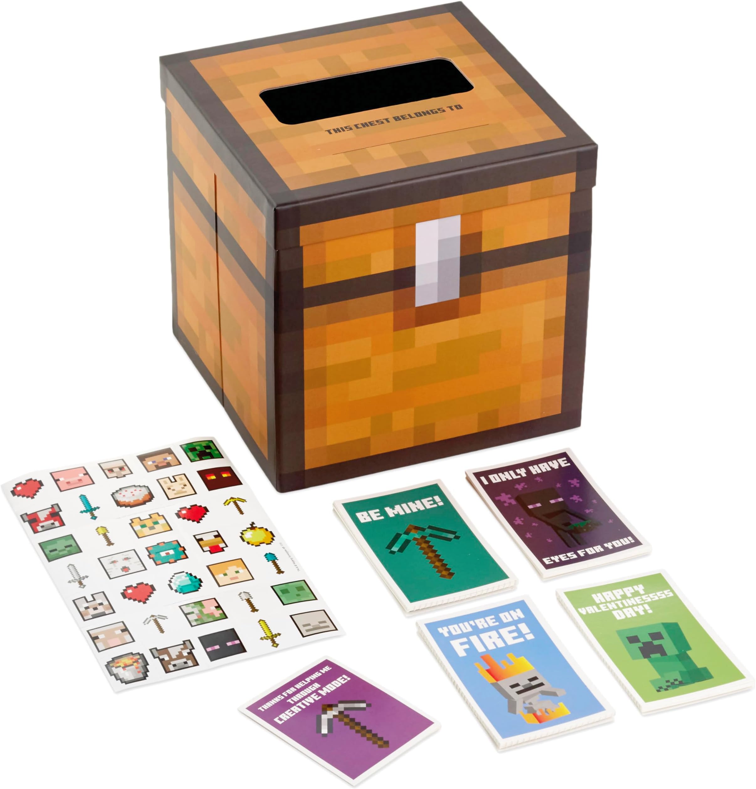 Hallmark Minecraft Valentines Day Cards and Mailbox for Kids School Classroom Exchange (1 Box, 32 Valentine Cards, 35 Stickers, 1 Teacher Card)