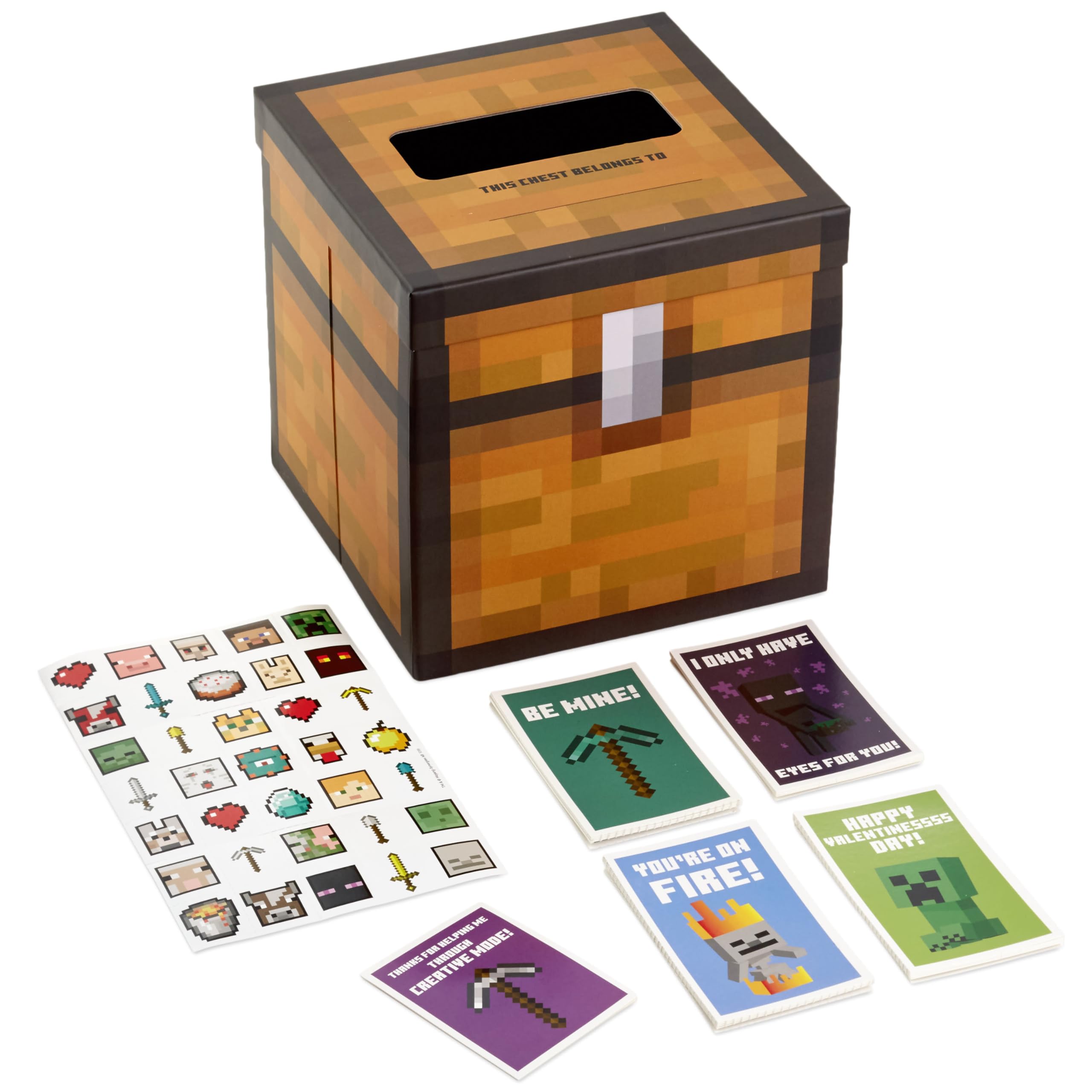 Minecraft Valentines Day Cards and Mailbox for Kids School Classroom Exchange (1 Box, 32 Valentine Cards, 35 Stickers, 1 Teacher Card)