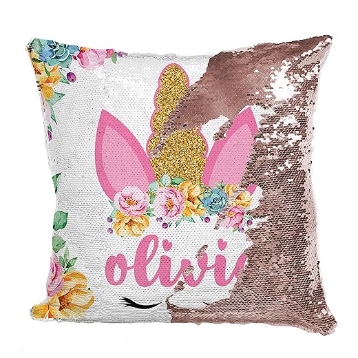 Unicorn Gifts Personalized Mermaid Sequin Throw Pillowcases | 9 Designs | Custom Magic Reversible Pillows w Your Name | Rose Gold Decorative Cushion, Pillow Cover Gifts for Girls - Christmas Decor