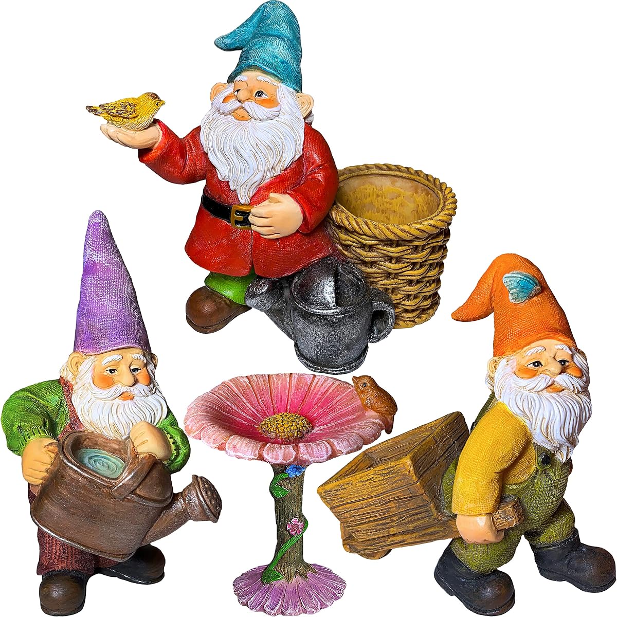 Mood Lab Garden Gnome Figurines Set (4 pcs) - 3.5" H Miniature Decorative Statues & Accessories - Outdoor & Indoor Garden Decor