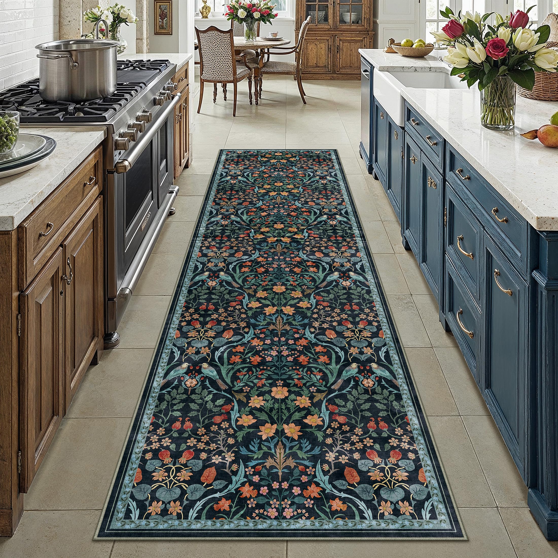 PureCozy LäUfer Flur Teppich 60x240cm Blumenmuster kurzflor rutschfest Weich Retro Waschbarer Teppiche für Küchen Bettvorleger Hallway Schlafzimmer Wohnzimmer Carpet, Blau