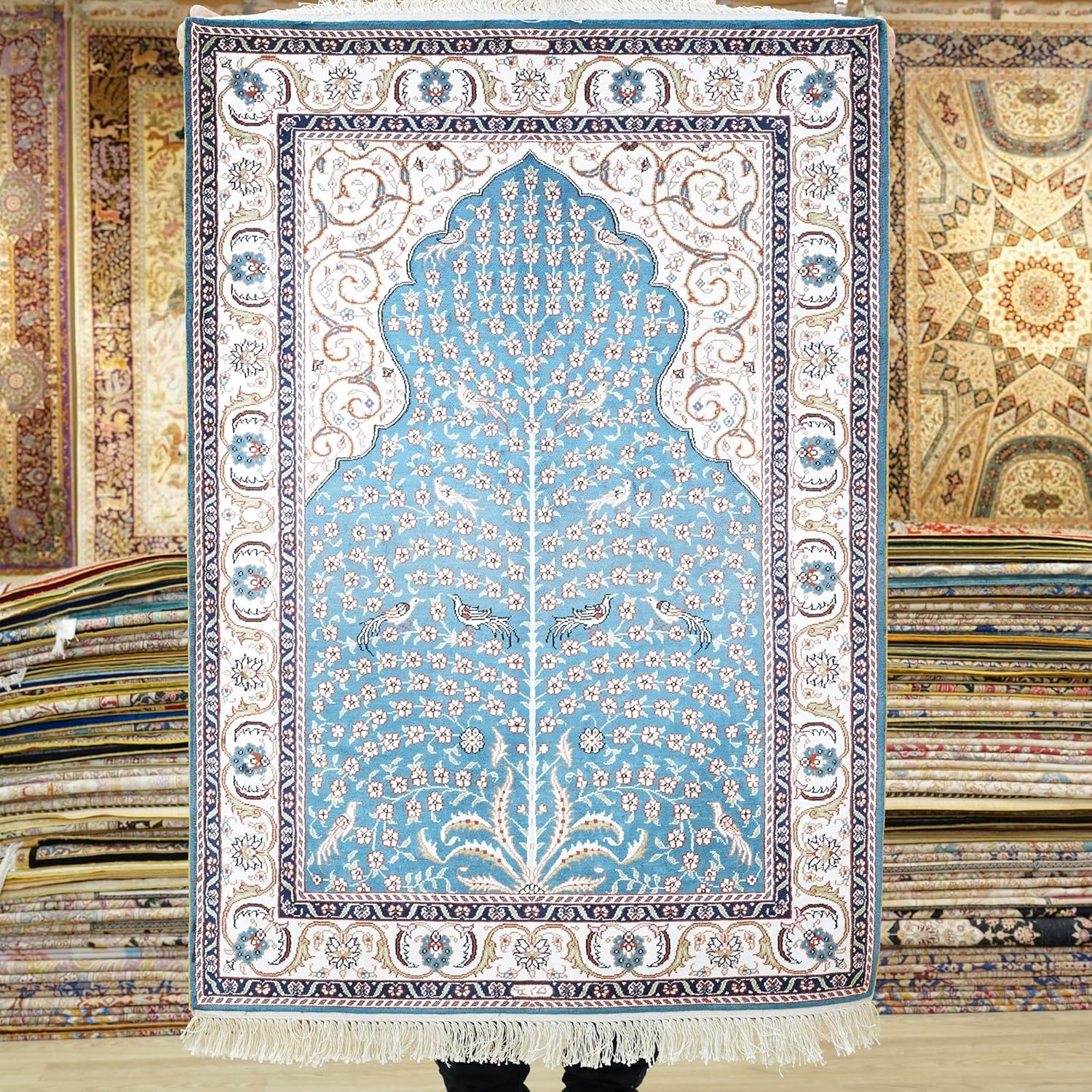 TIANJIANG Carpet 2.7x4ft Small Silk Hand Knotted Carpets Prayer Rug(Blue)