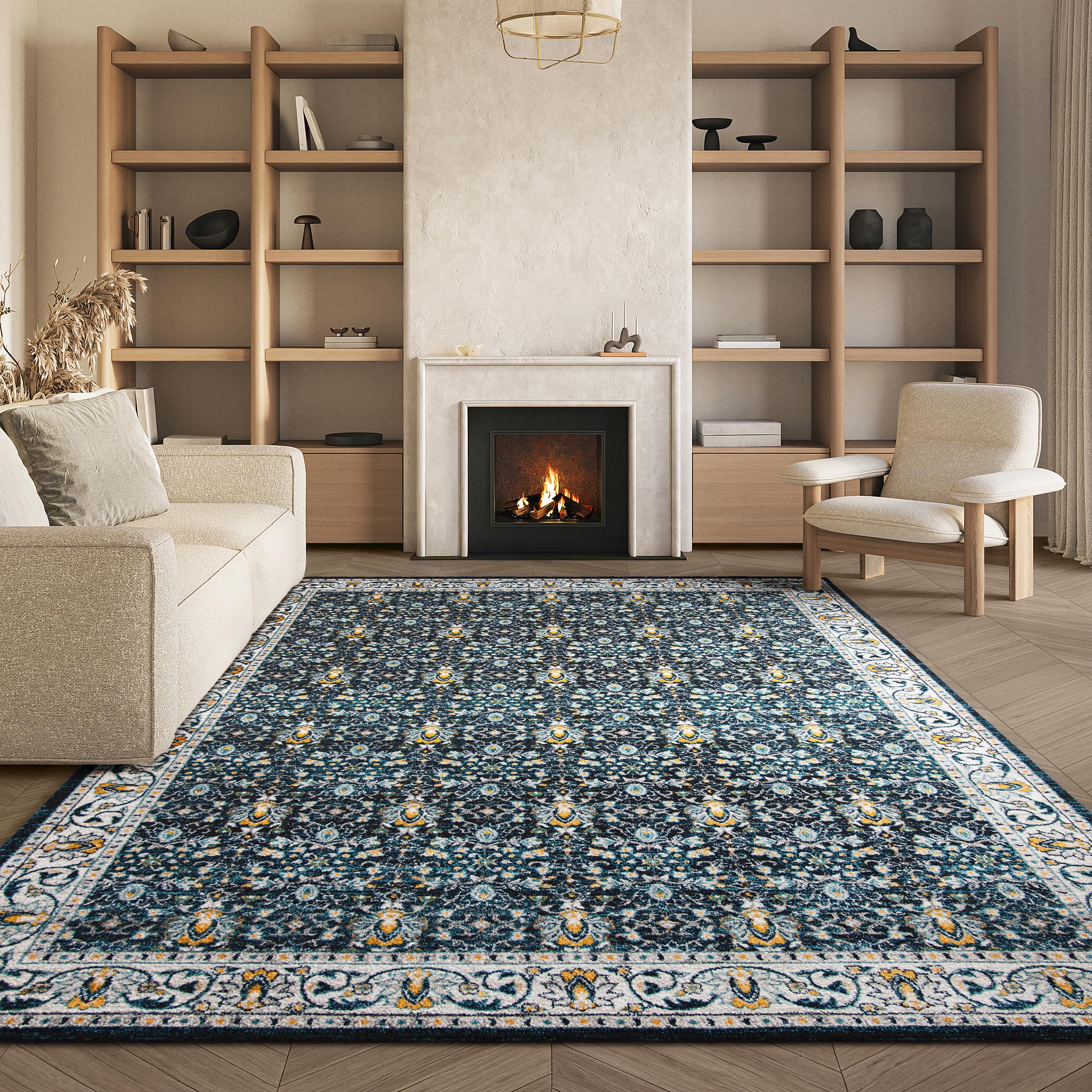 SAFAVIEH Madison Collection Area Rug - 9' x 12', Navy & Creme, Oriental Distressed Design, Non-Shedding & Easy Care, Ideal for High Traffic Areas in