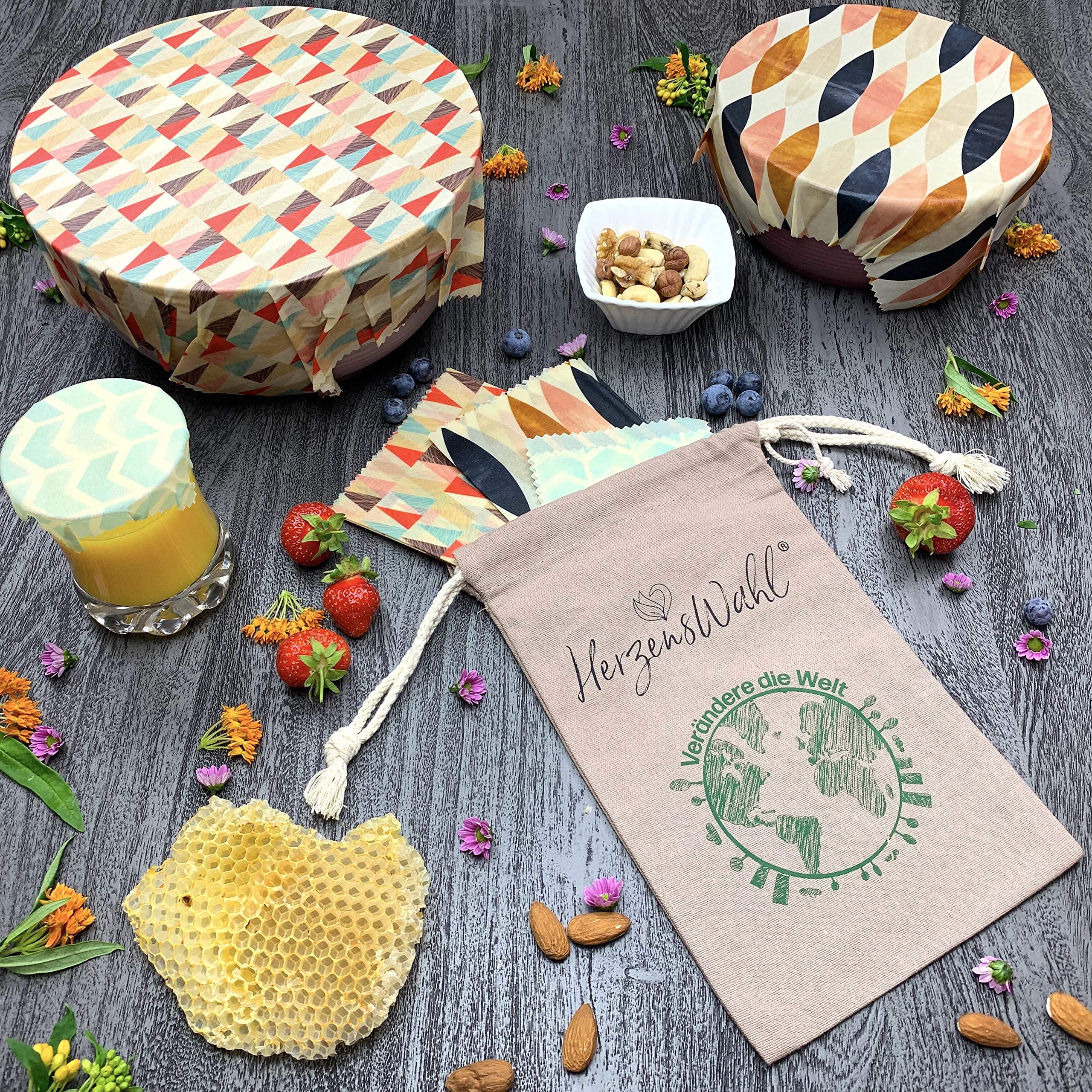 Bienenwachstücher 7er Set inkl. Bio Baumwollbeutel zur Aufbewahrung + Bienenwachsblock | Bio Bienenwachs Wachspapier | Zero Waste Wachstuch für Lebensmittel | Bees Wrap Bienenwachs