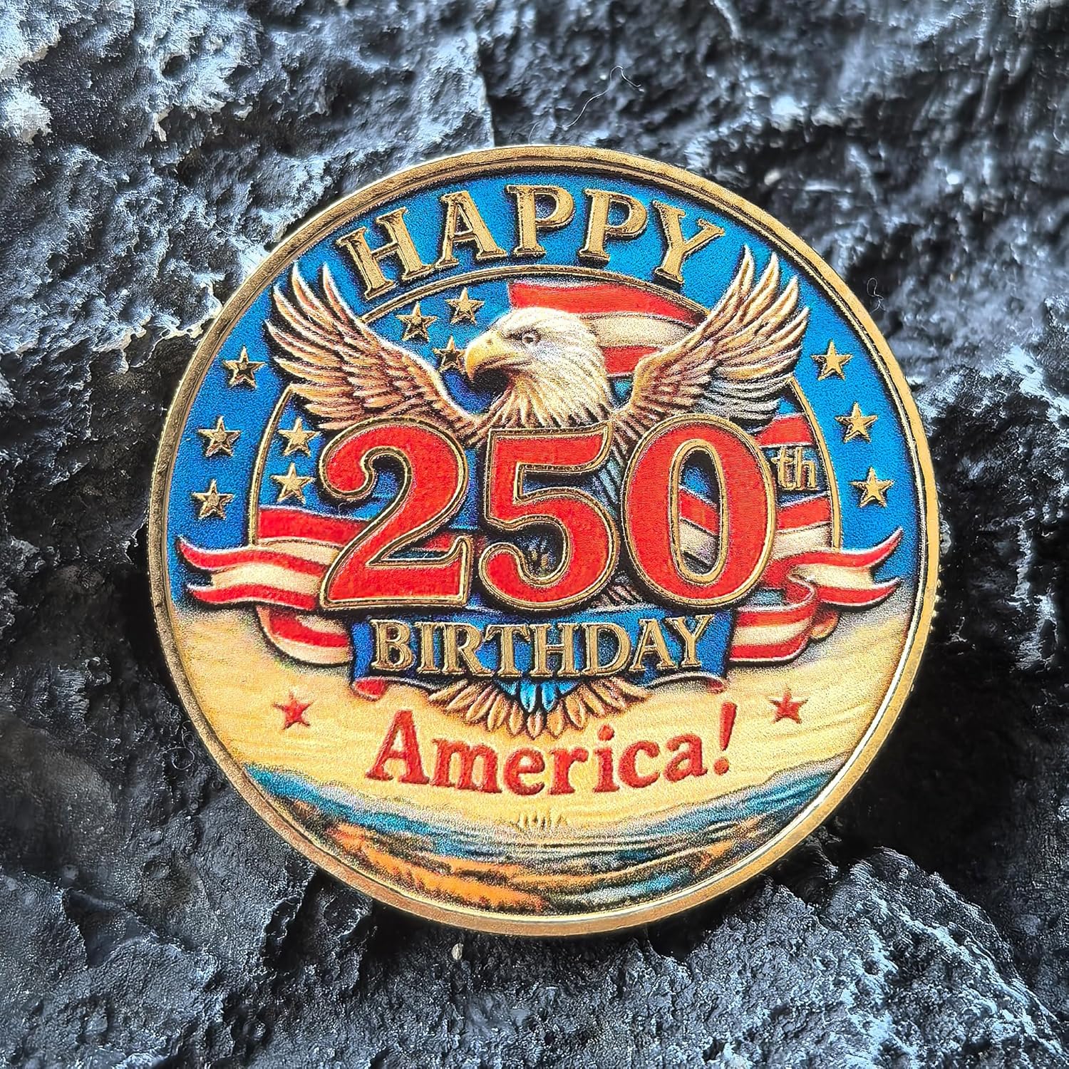 American 250th Birthday Challenge Coin – Patriotic Eagle & Flag Design, Freedom-Themed Metal Token with Protective Case