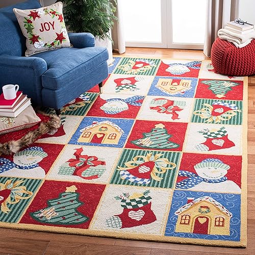 SAFAVIEH Chelsea Collection - Alfombra decorativa, 3 pies 9 pulgadas x 5 pies 9 pulgadas, blanco y multicolor, lana de Navidad con gancho a mano,