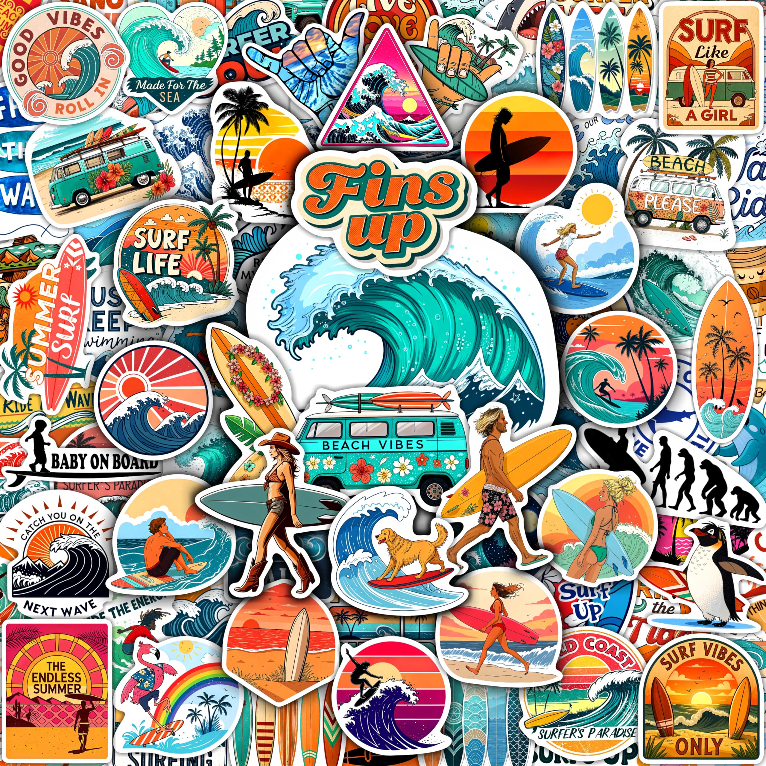 100Pcs Surf & Wave Stickers for Laptop, for Water Bottles, Surfing Stickers - Surfing Gifts for Surfers - Surf Party Supplies & Decoretions - Gift for Women & Men — image 1