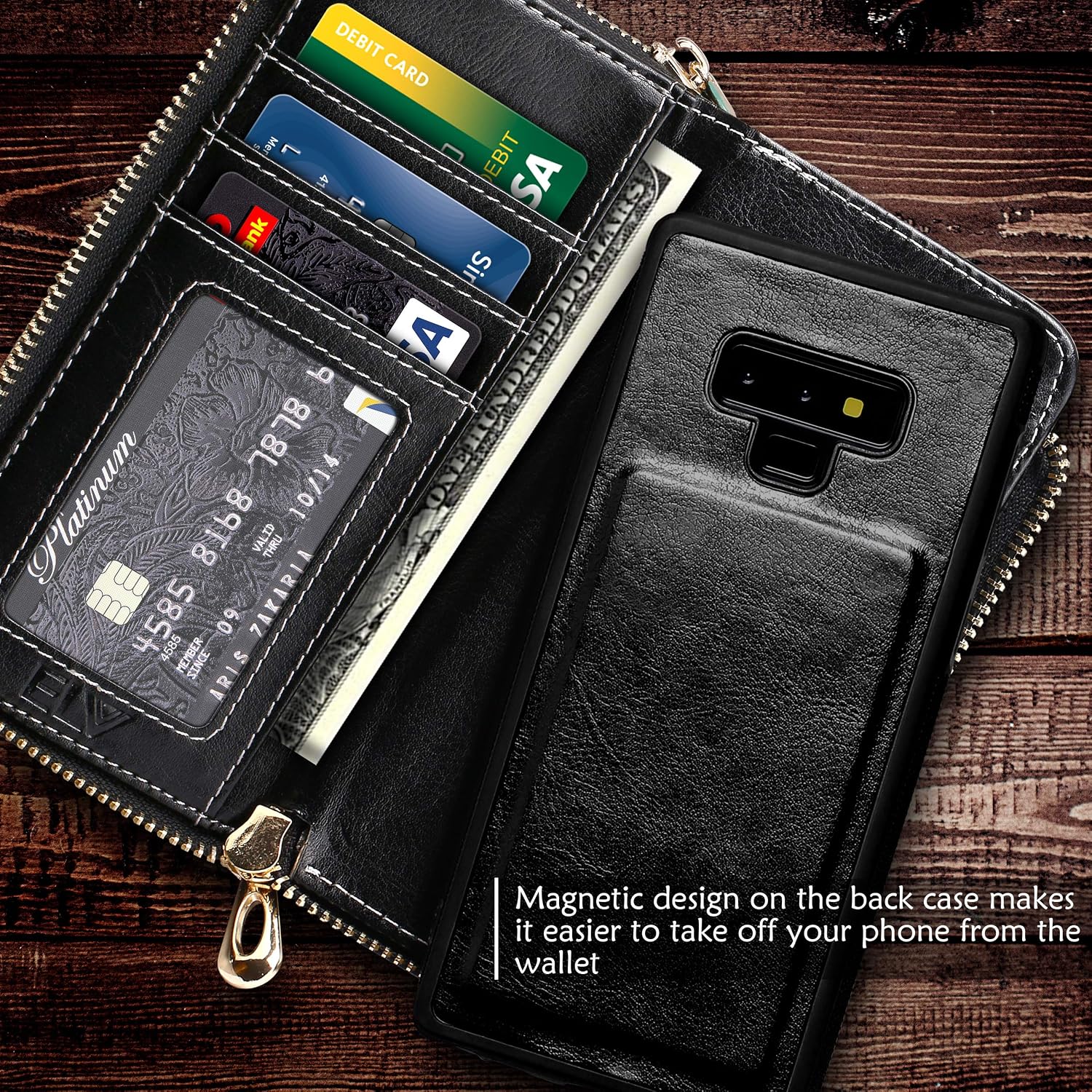 ELV Purse Wallet Case for Samsung Note 9 (PU Leather) Detachable 2in1 Folio Purse Credit Card Flip Case with Card Slots, Stand and Magnetic Closure for Samsung Galaxy Note 9 (Black)