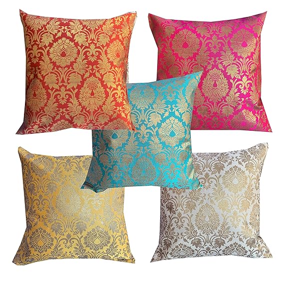 PINK PARROT Pinkparrot Multi Colour Art Jacquard Silk Cushion Cover Set of 5-16x16 inch