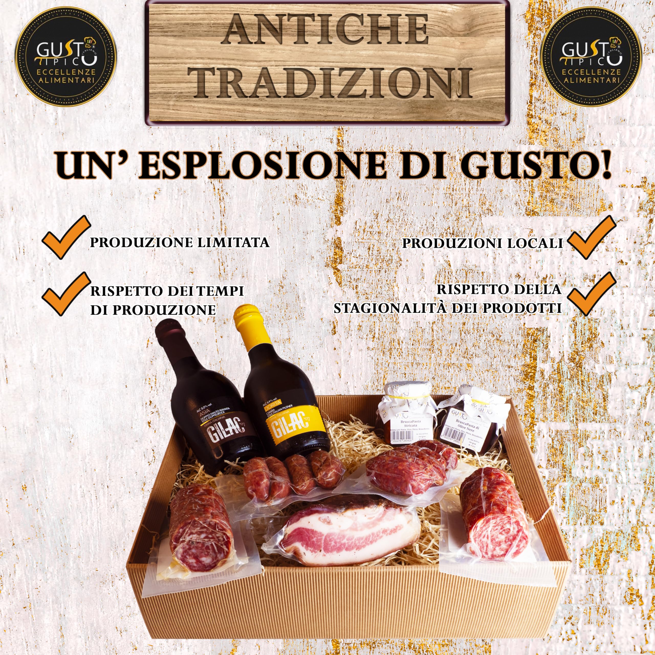 GUSTO TIPICO ITALIANO Cesta Natale 2024 | Cesto Gastronomico Natalizio Salumi Italiani Artigianali con Guanciale, Salame Toscano di Maiale e Cinghiale, Birra Gilac, Salsicce, Bruscapasta